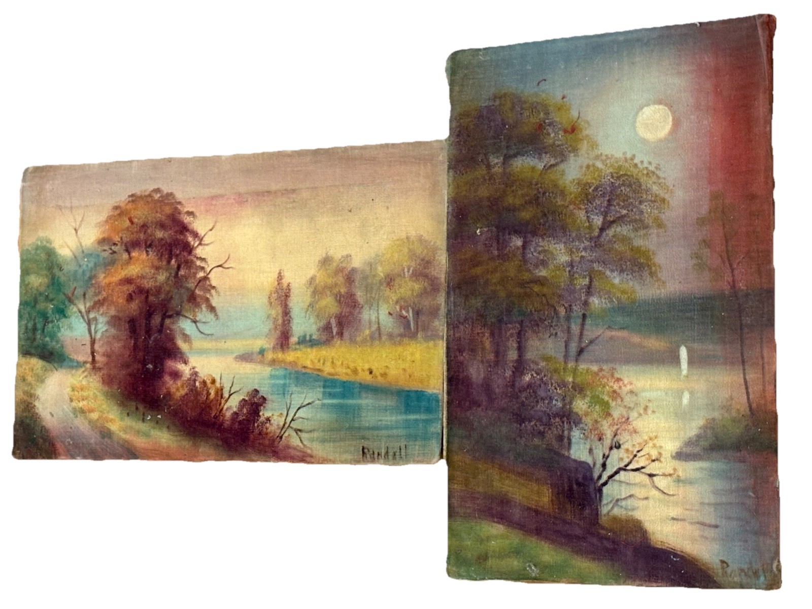 Lot Of 2 Vintage Randall Felt Paintings Moonlit & River Landscape Scenes Nice