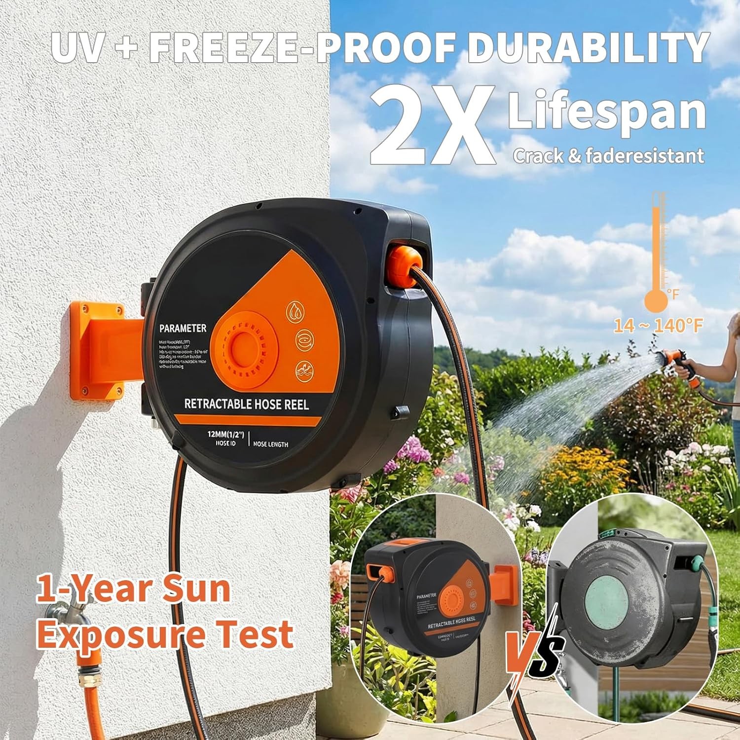 GRAVEE Retractable Garden Hose Reel 1/2x100ft 180° Swivel Wall-Mounted GRAVEE Retractable Garden Hose Reel 1/2x100ft 180° Swivel Wall-Mounted