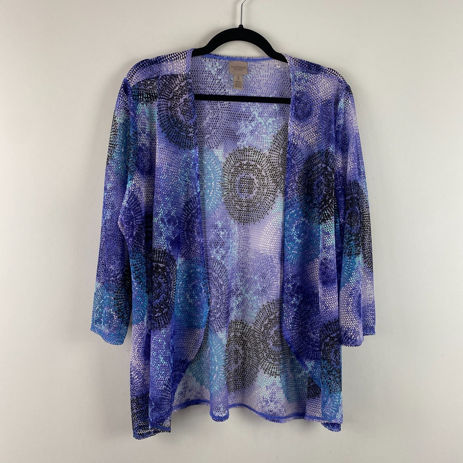Chicos Easywear Cardigan Size 3 US XL Purple Blue Abstract Sheer Open Front