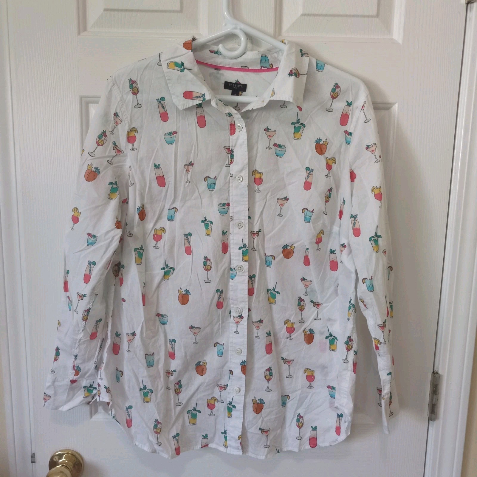 TALBOTS Women\'s Cotton Novelty Cocktail Print Button Top Casual Career Resort 1X TALBOTS Women\'s Cotton Novelty Cocktail Print Button Top Casual Career Resort 1X