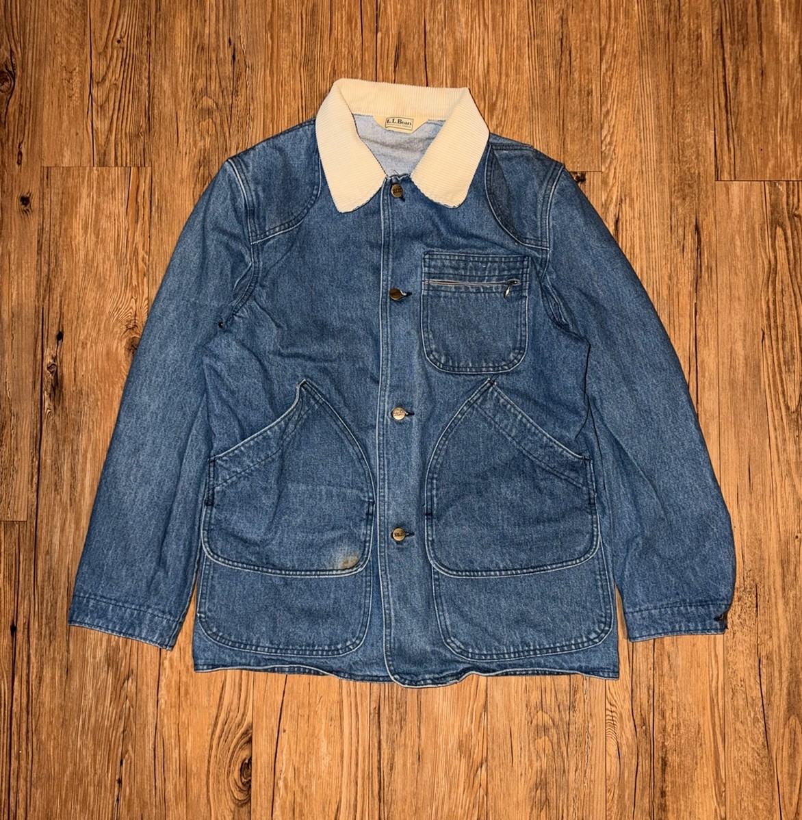 90s Vintage LL Bean Denim Barn Chore Jacket With Corduroy Collar, Large Pockets
