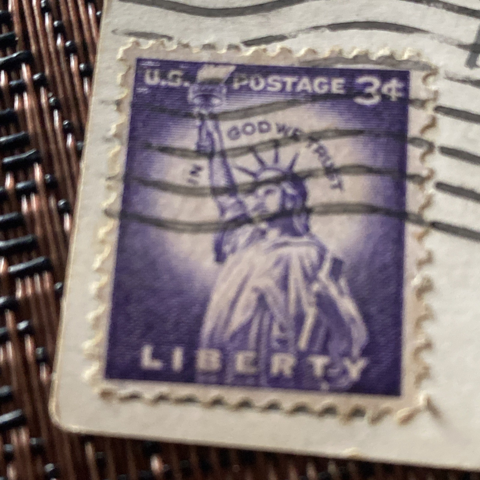Vintage 1958 3 Cent Purple Liberty Stamp Rare on Postcard (See Pics For Details Vintage 1958 3 Cent Purple Liberty Stamp Rare on Postcard (See Pics For Details