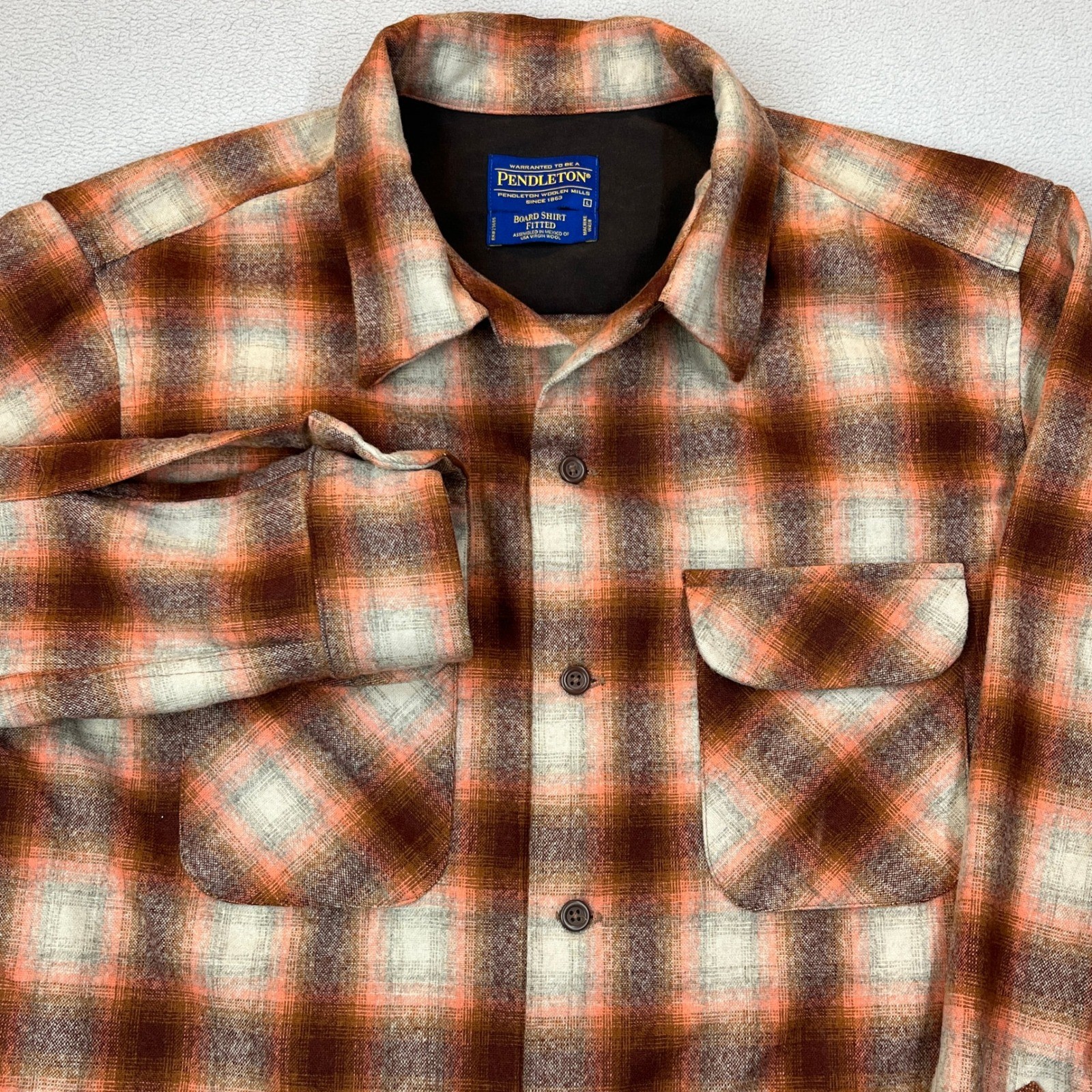 Pendleton Board Shirt Fitted Mens Large Orange Brown Plaid Wool AA068-31292 Pendleton Board Shirt Fitted Mens Large Orange Brown Plaid Wool AA068-31292