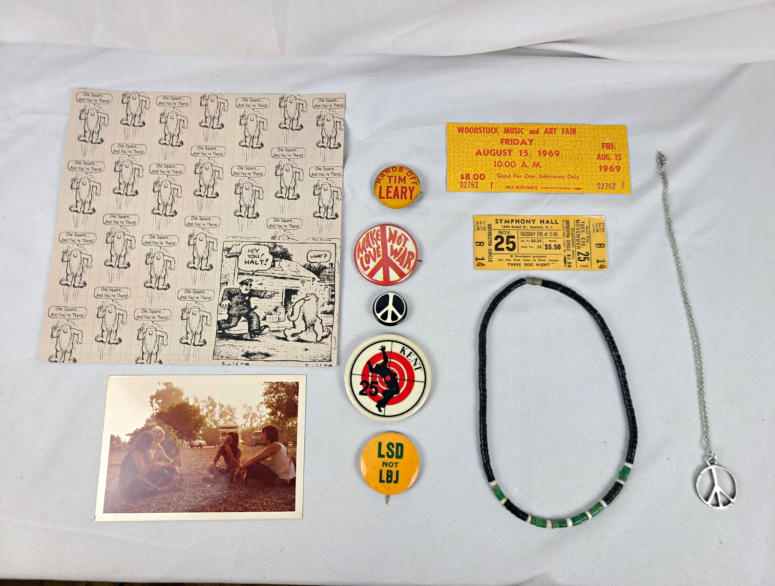 Vtg 1969 Counterculture Lot Woodstock Ticket Protest Pins Jewelry w/provenance 