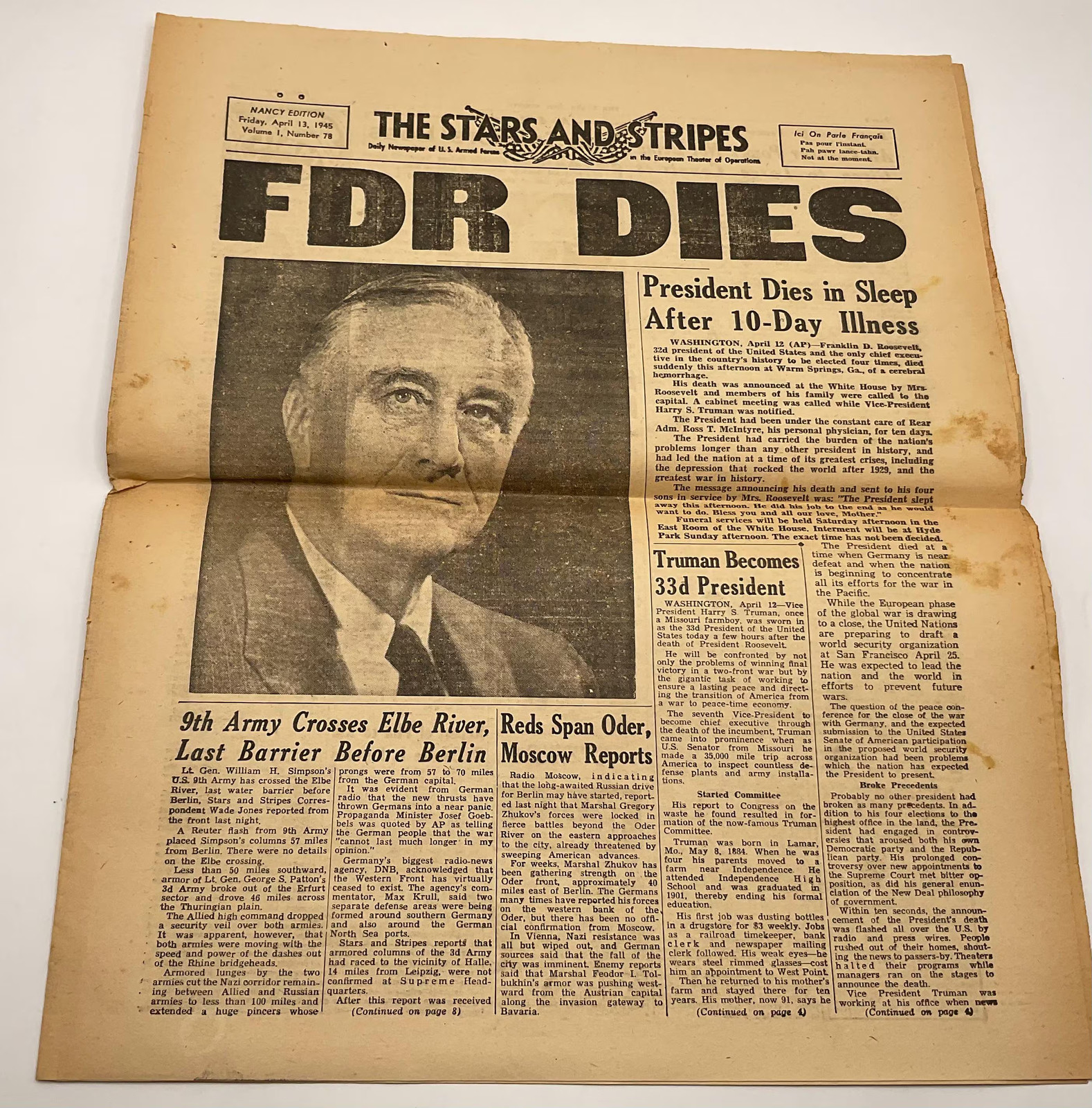 Original Vintage April 13 1945 Stars And Stripes Newspaper FDR Dead President T