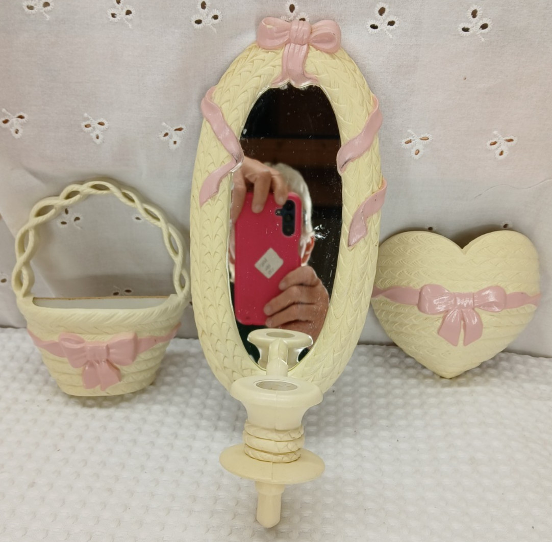VINTAGE HOME INTERIORS BURWOOD PINK BOW WICKER WALL DECOR 3 PC MIRROR SCONCE SET VINTAGE HOME INTERIORS BURWOOD PINK BOW WICKER WALL DECOR 3 PC MIRROR SCONCE SET