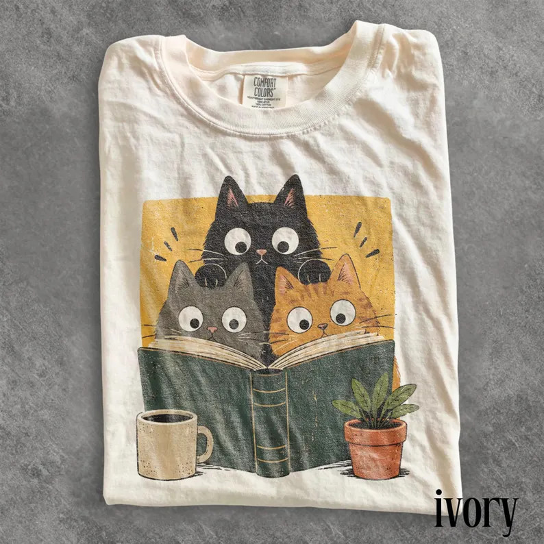Retro Curious Reading Cats Comfort Tee Graphic Animal Lover