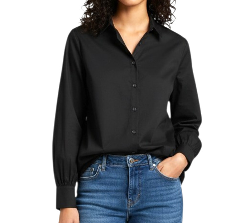 NWT Chico\'s Black Poplin Top BUTTON-UP SHIRT Billow Sleeves SATEEN Stretch L/2 NWT Chico\'s Black Poplin Top BUTTON-UP SHIRT Billow Sleeves SATEEN Stretch L/2