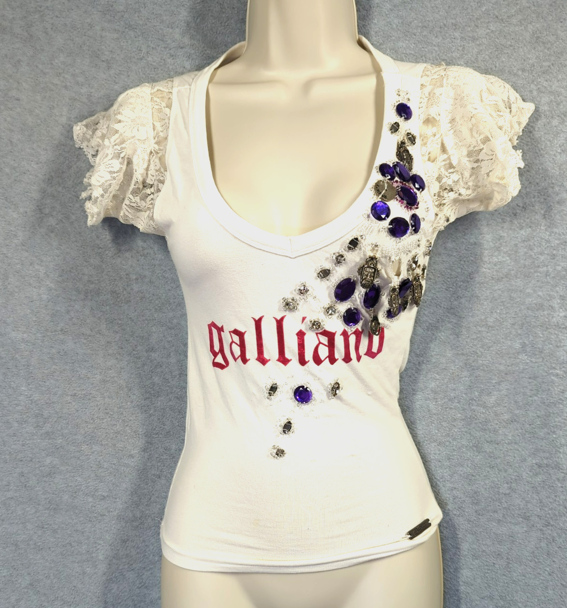 Vtg John Galliano Y2K Embellished t-shirt White Gothic Logo Lace Archive AS IS