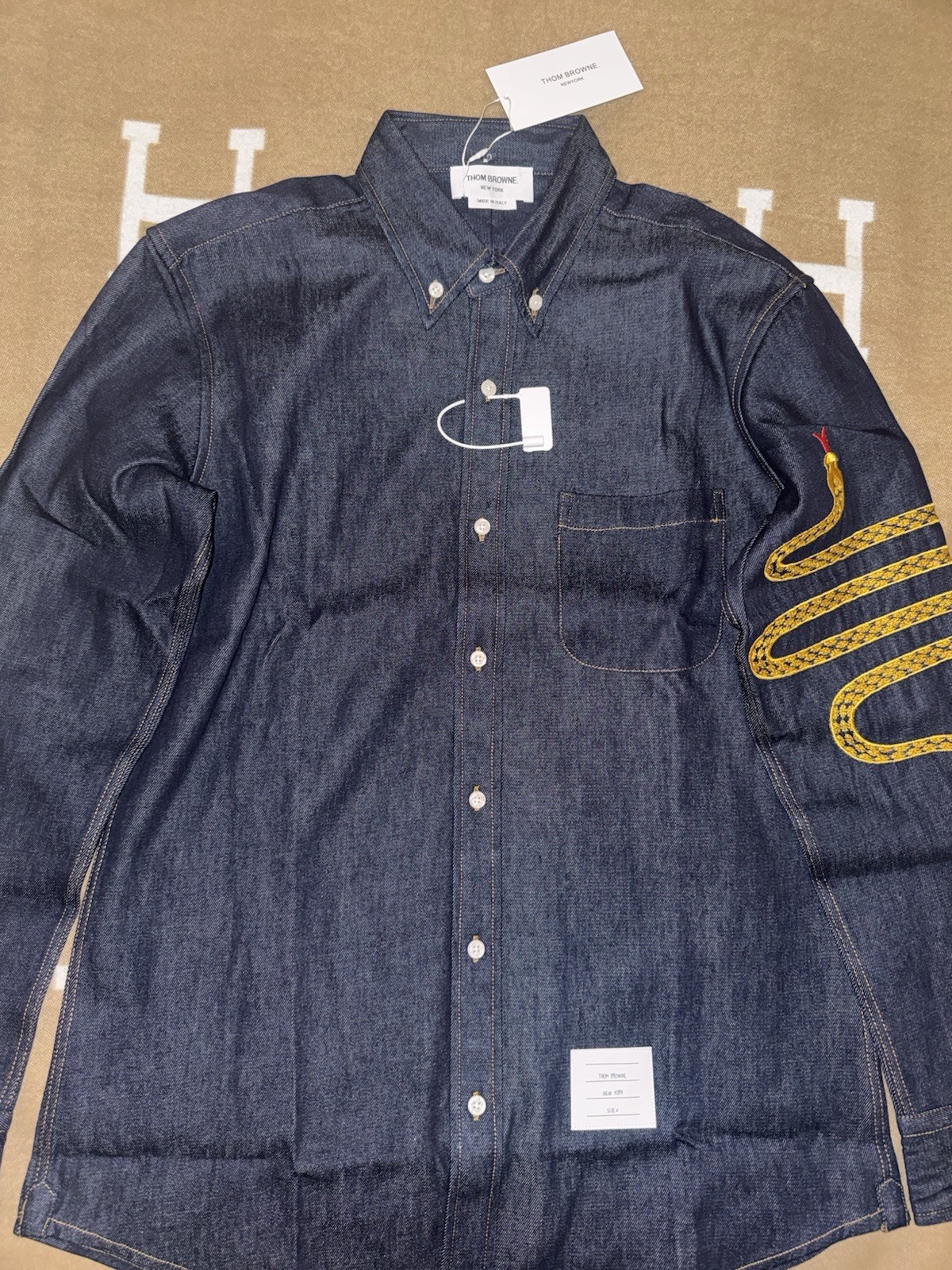 Thom Browne Indigo Denim Shirt Snake Embroidery Size 4 M/L