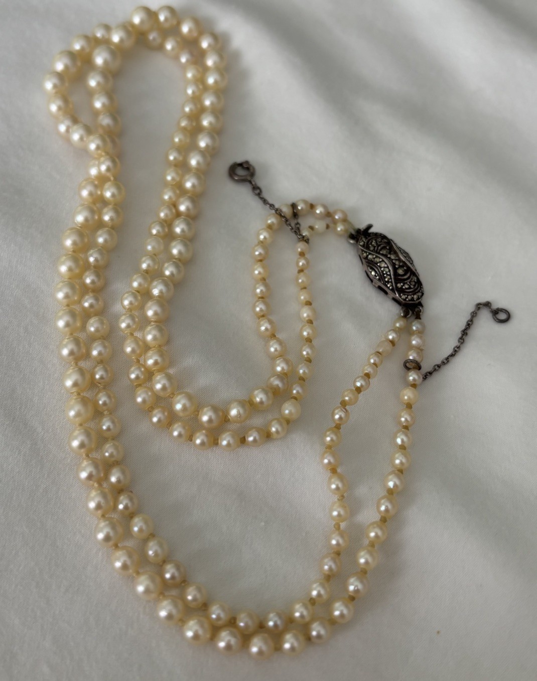 Antique European 1920s Double Strand Natural Pearl Necklace 935 Marcasite Clasp