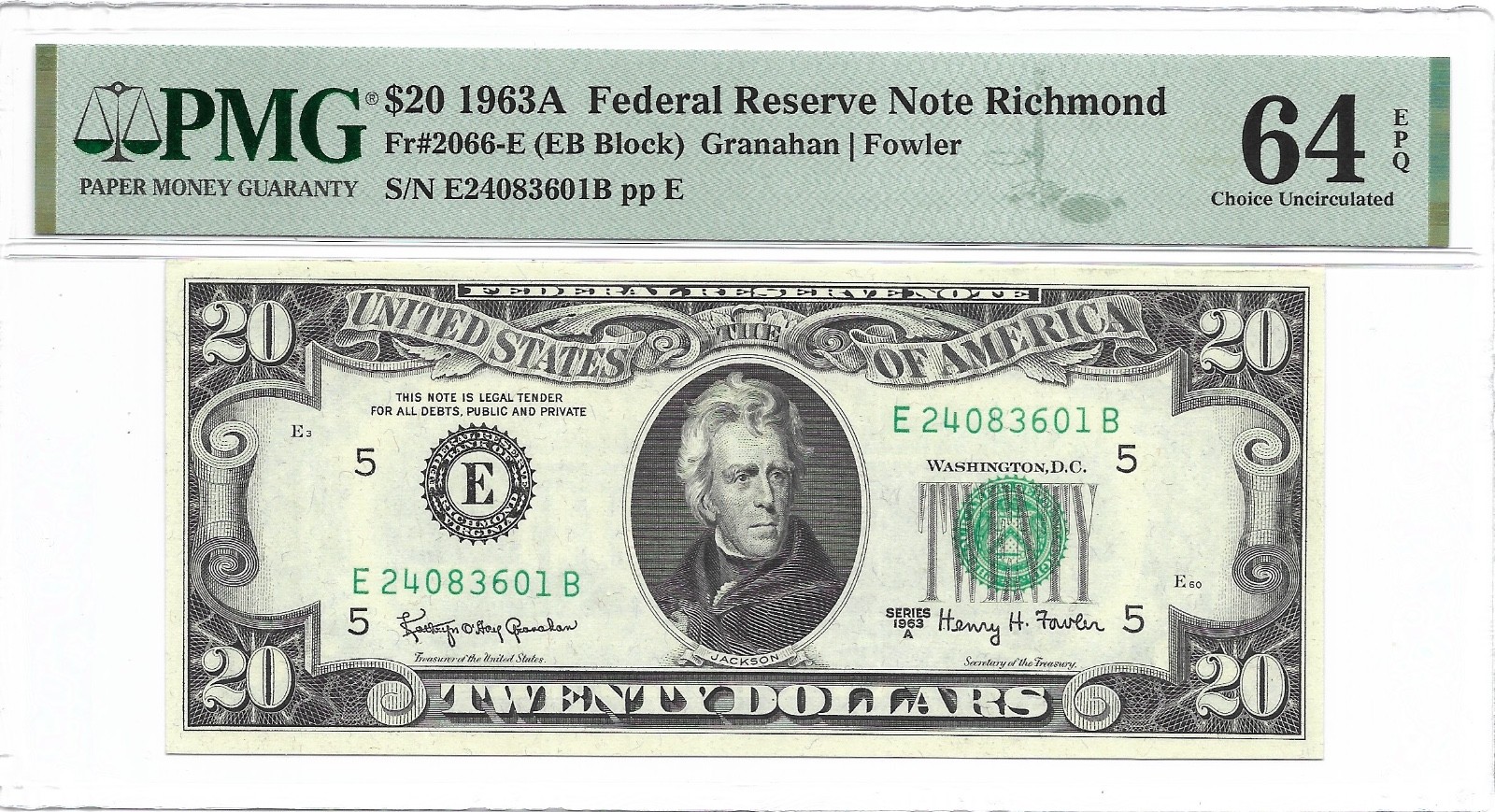 1963A $20 RICHMOND FRN PMG Choice Uncirculated 64EPQ Banknote Scarcer E/B Block