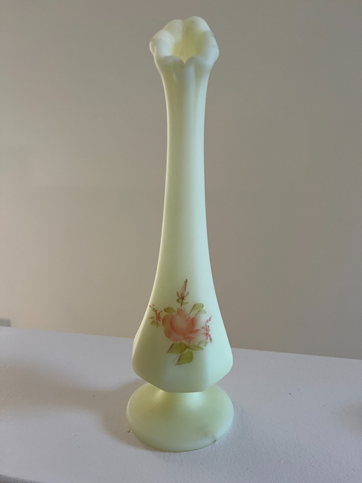 Fenton Uranium Custard Glass Bud Vase Signed CE Naus Handpainted Flowers Fenton Uranium Custard Glass Bud Vase Signed CE Naus Handpainted Flowers