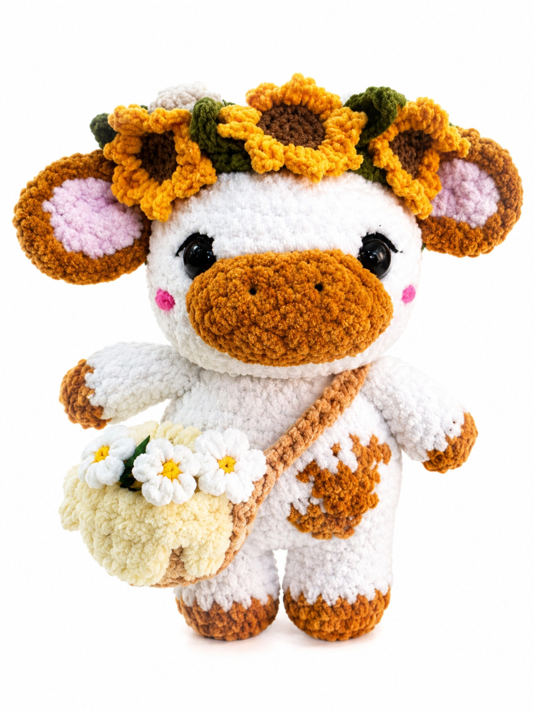 Handmade Crochet Sunflower Cow Plush Amigurumi Cute Stuffed Animal Toy Gift