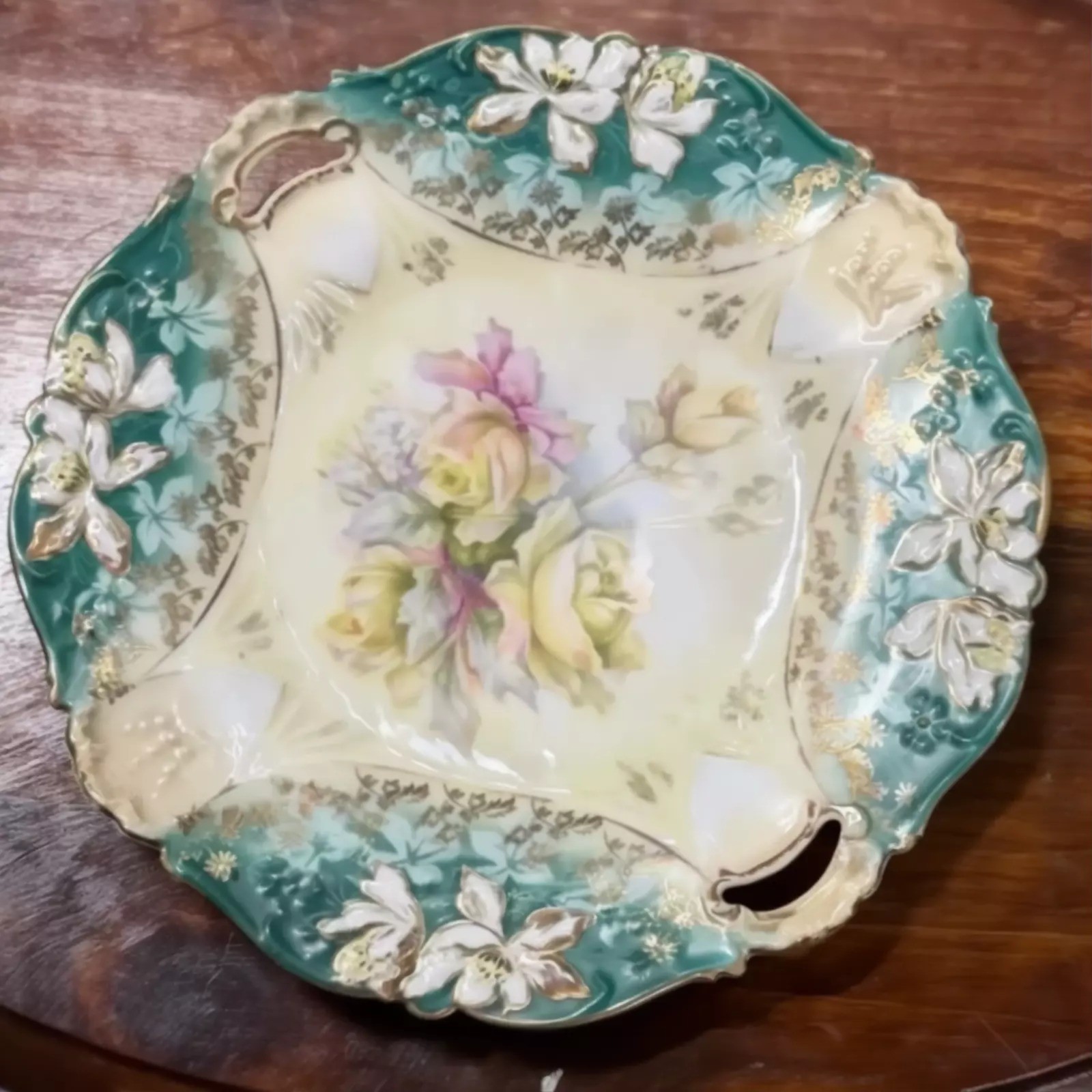 Antique German RS Prussia Handled Hand-Painted Teal Cake Plate Mold 82 Variation