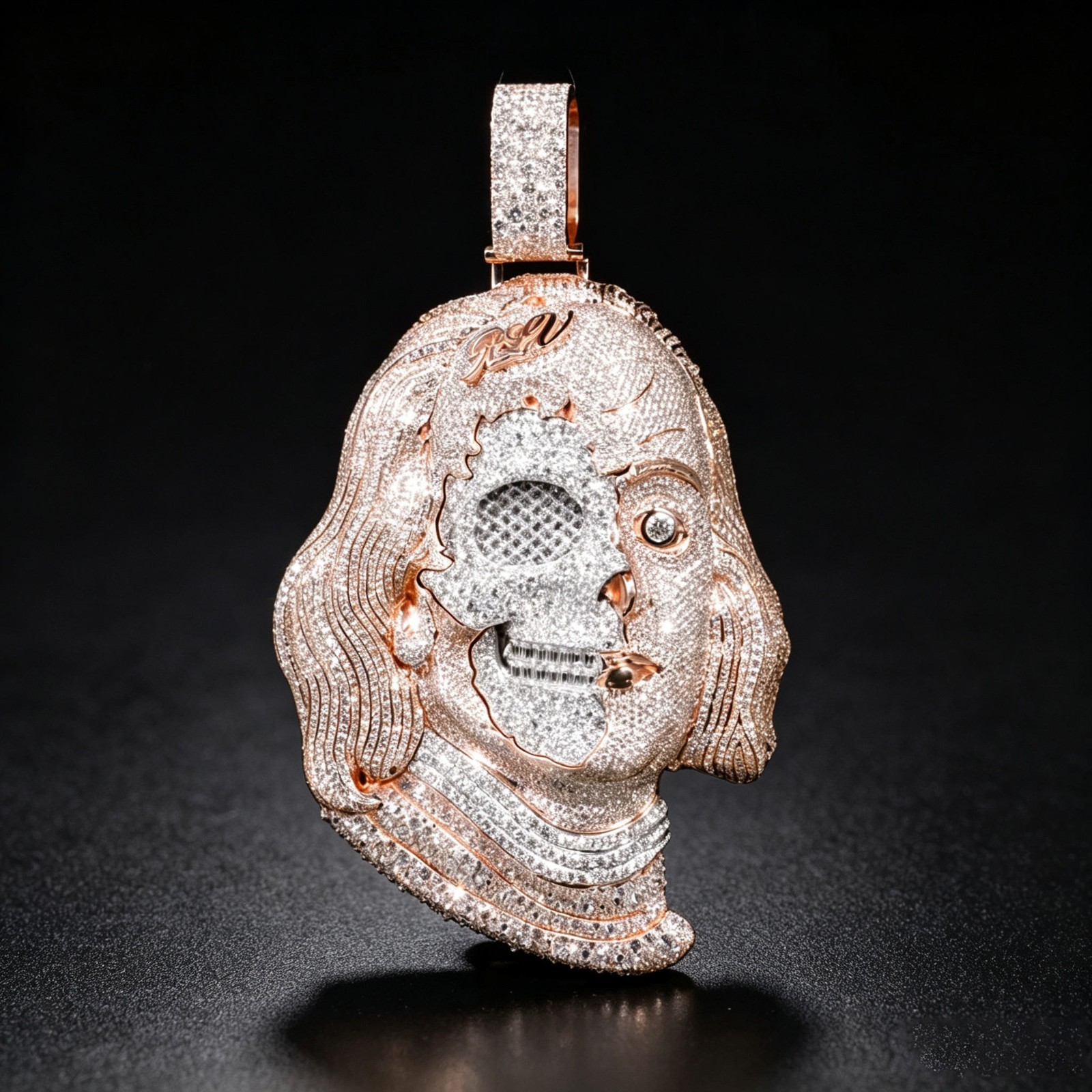 Moissanite pendant franklin benjamin half skull men 925 silver CUSTOM UNIQUE