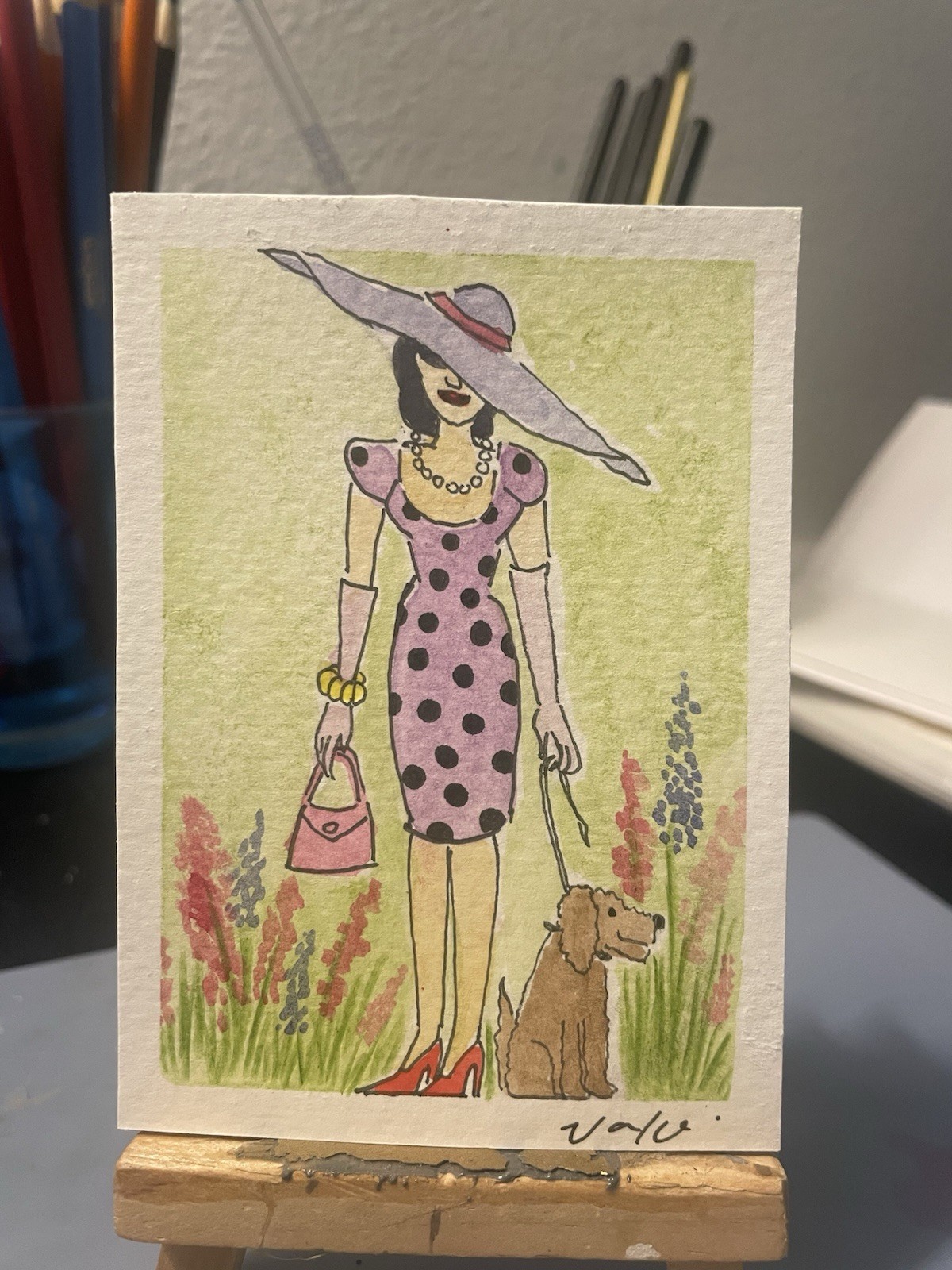 ACEO Fancy Elegant Purple Hat Lady Watercolor Painting Original Art Card ATC ACEO Fancy Elegant Purple Hat Lady Watercolor Painting Original Art Card ATC