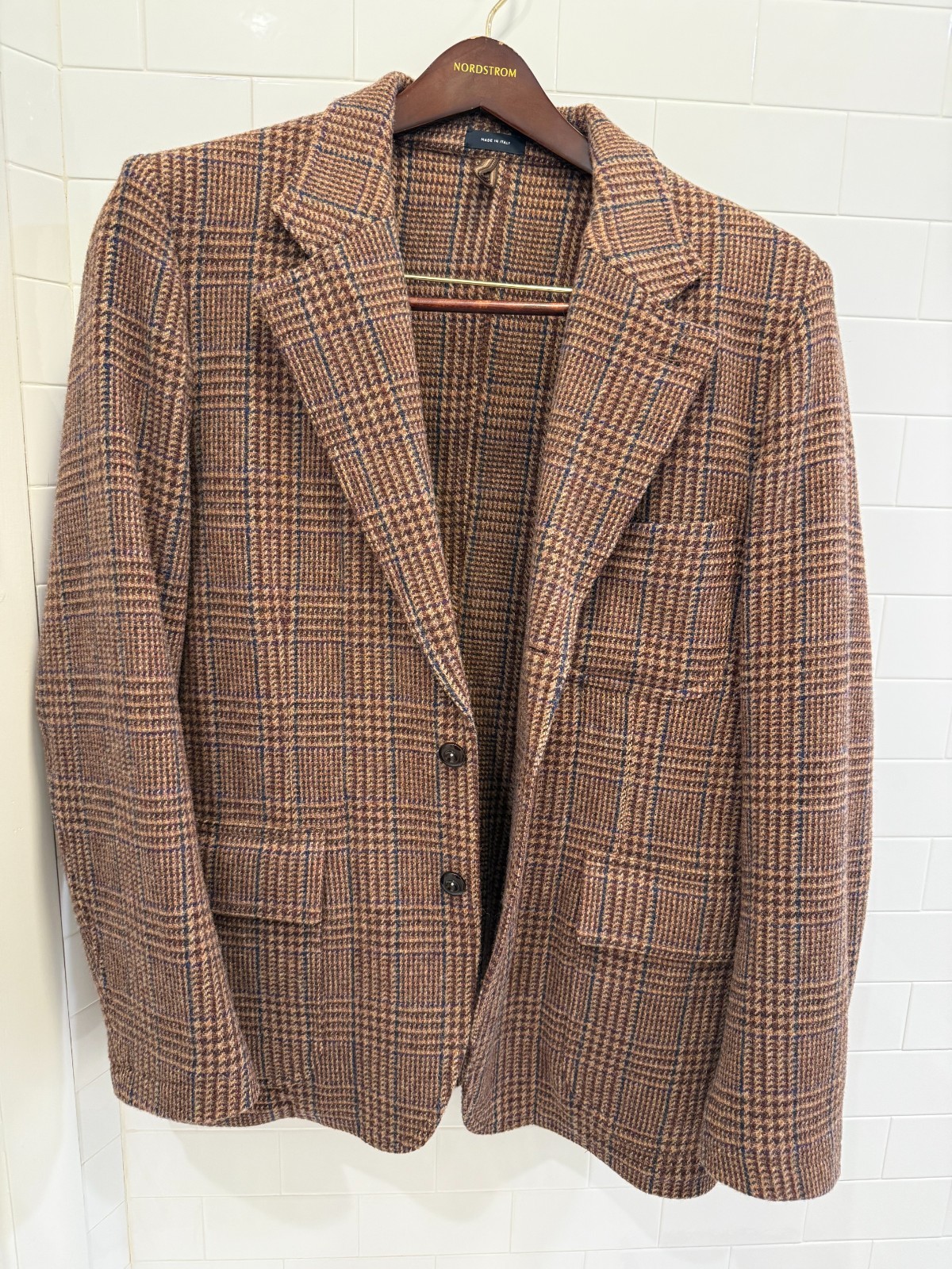 Drake\'s Brown Blue Prince of Wales Check Virgin Wool Tweed Blazer Size 42