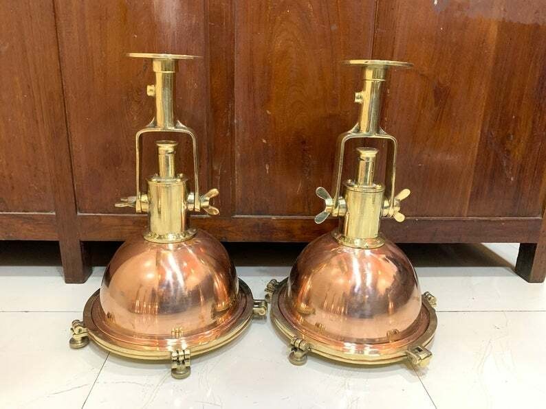 Pair of Vintage Brass & Copper Nautical Pendant Lights Industrial Marine Ceiling Pair of Vintage Brass & Copper Nautical Pendant Lights Industrial Marine Ceiling