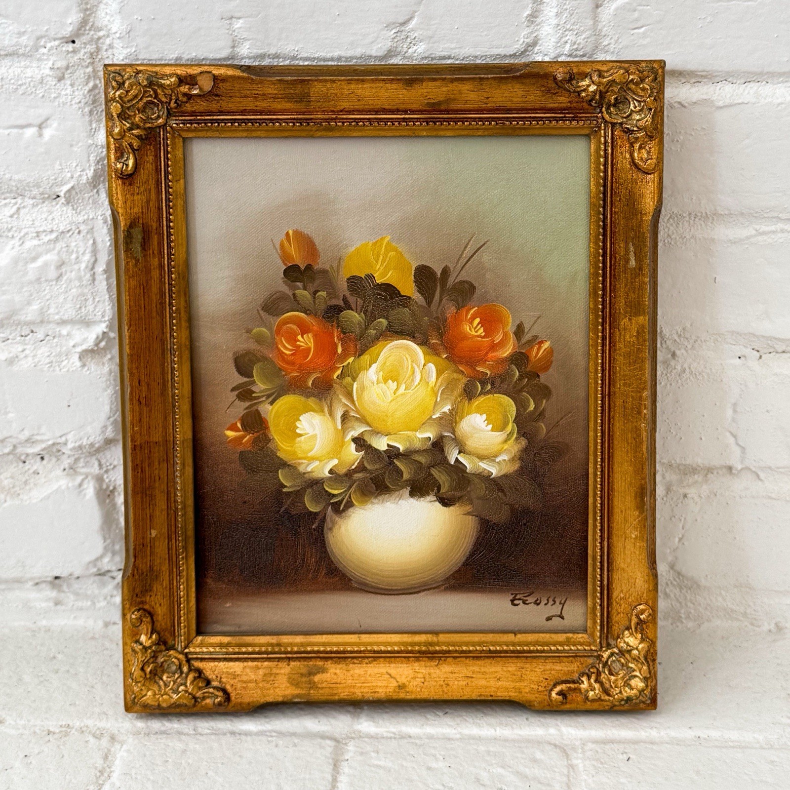 Vintage Signed Flower Still Life Oil Painting On Canvas Ornate Gold Frame 10”