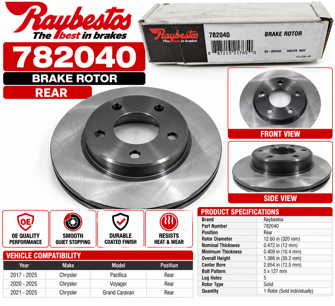 Raybestos 782040 Rear Brake Rotor Chrysler Pacifica Voyager Grand Caravan