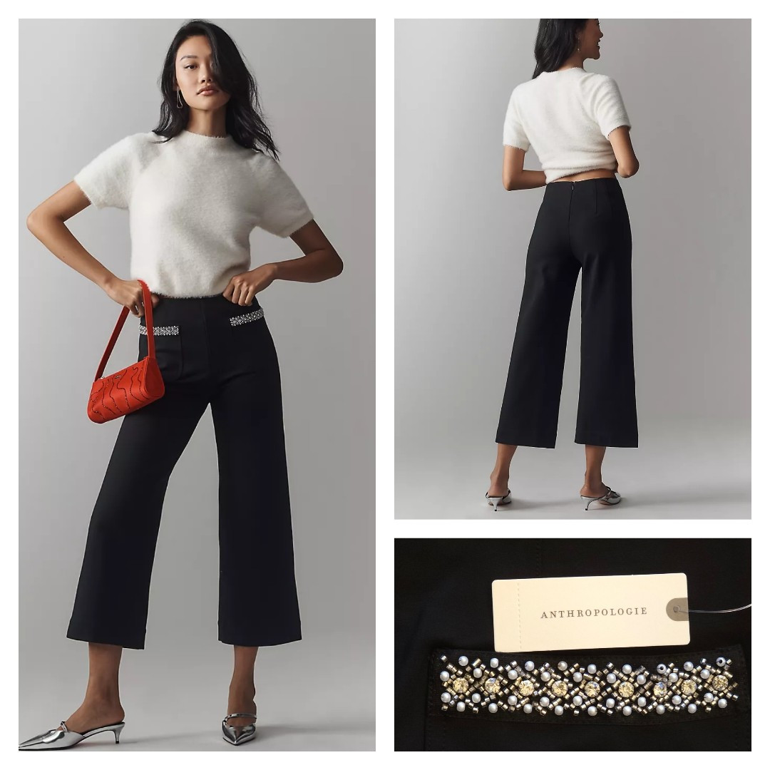 Anthropologie The Colette Cropped Wide-Leg Pants by Maeve Rhinestone Size 27 NWT