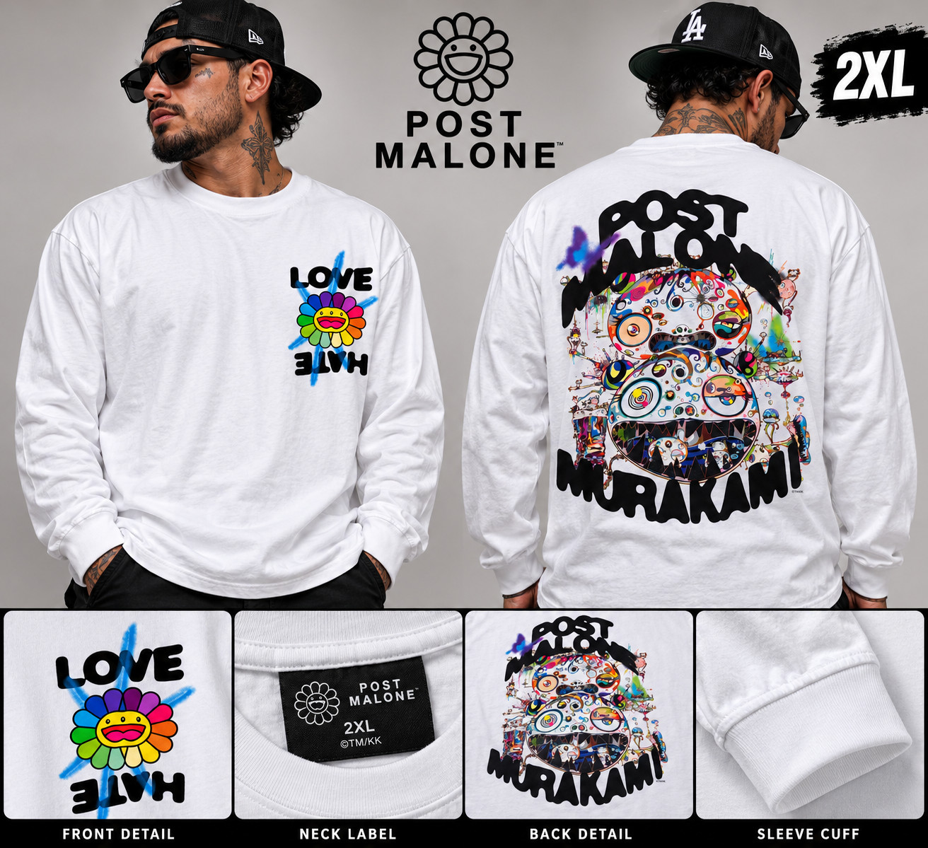 Writing Post Malone Murakami Love Hate Long Sleeve White T-Shirt 2XL Oversized Writing Post Malone Murakami Love Hate Long Sleeve White T-Shirt 2XL Oversized