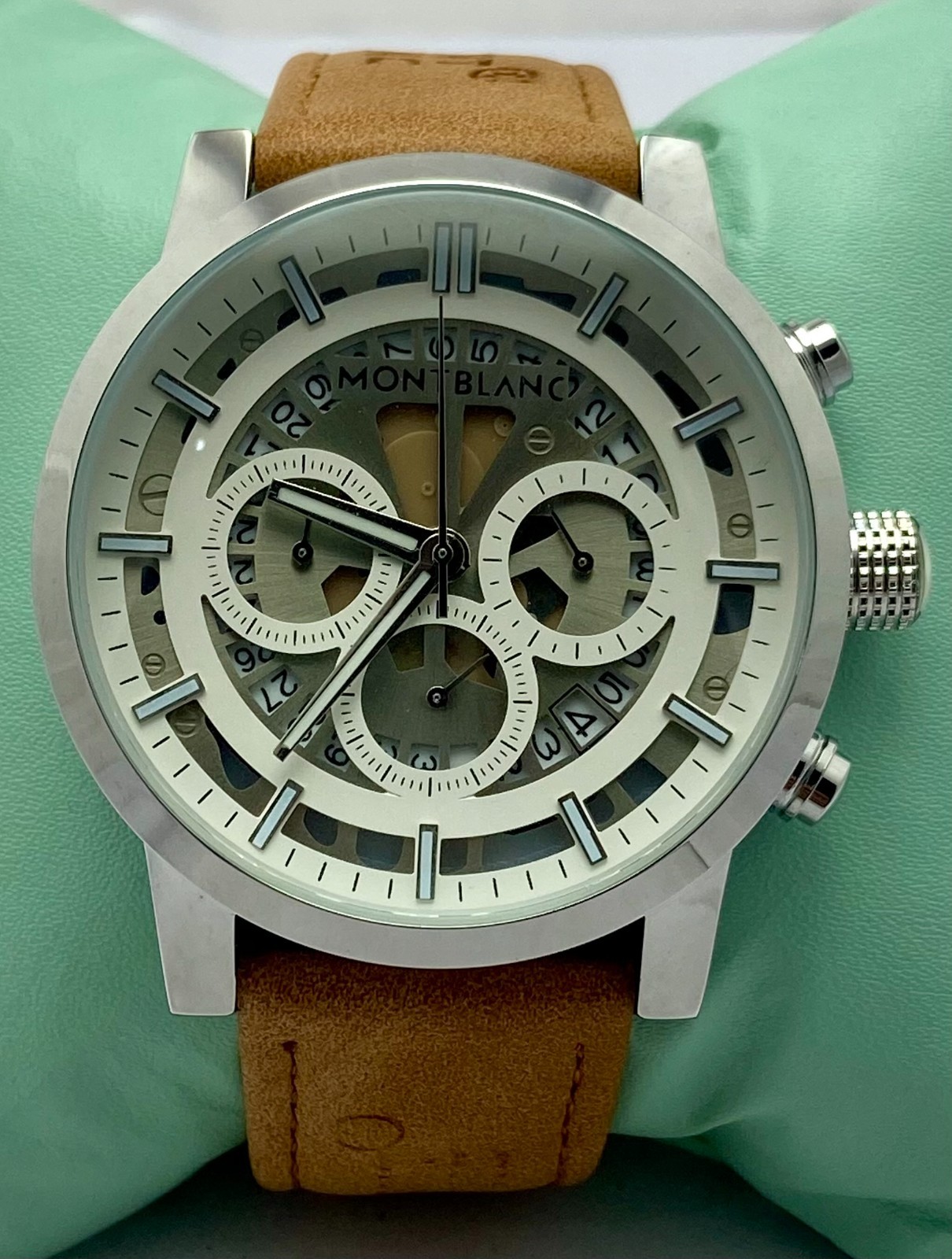 Refurbished Montblanc Skeleton White Dial Chrono-Date Men\'s Quartz Wristwatch