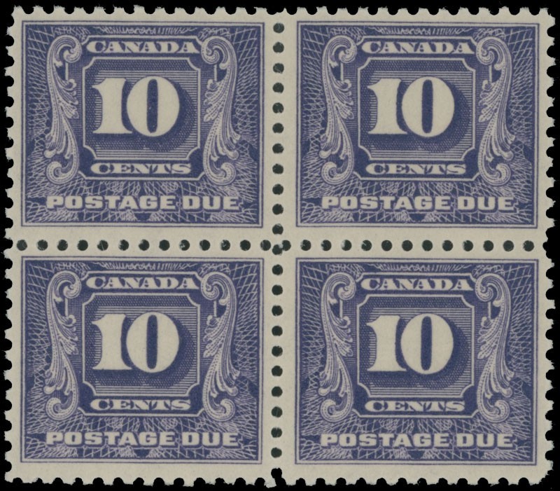 1930 CANADA POSTAGE DUE STAMPS 2ND ISSUE, 10C VIOLET,  BLOCK OF 4, NH, UN.#J10
