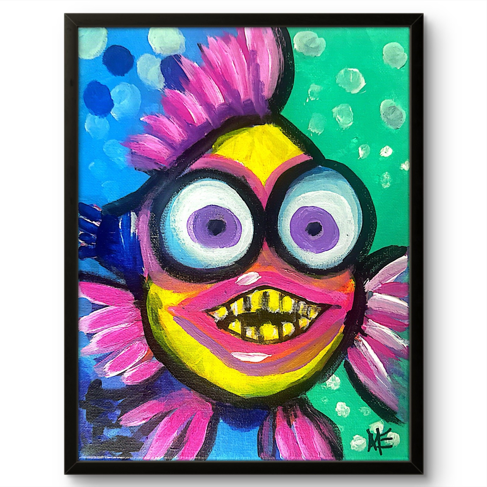ME Original Acrylic 8x10 Pink Folk Colorful Cartoon Fish Painting Signed Canvas ME Original Acrylic 8x10 Pink Folk Colorful Cartoon Fish Painting Signed Canvas