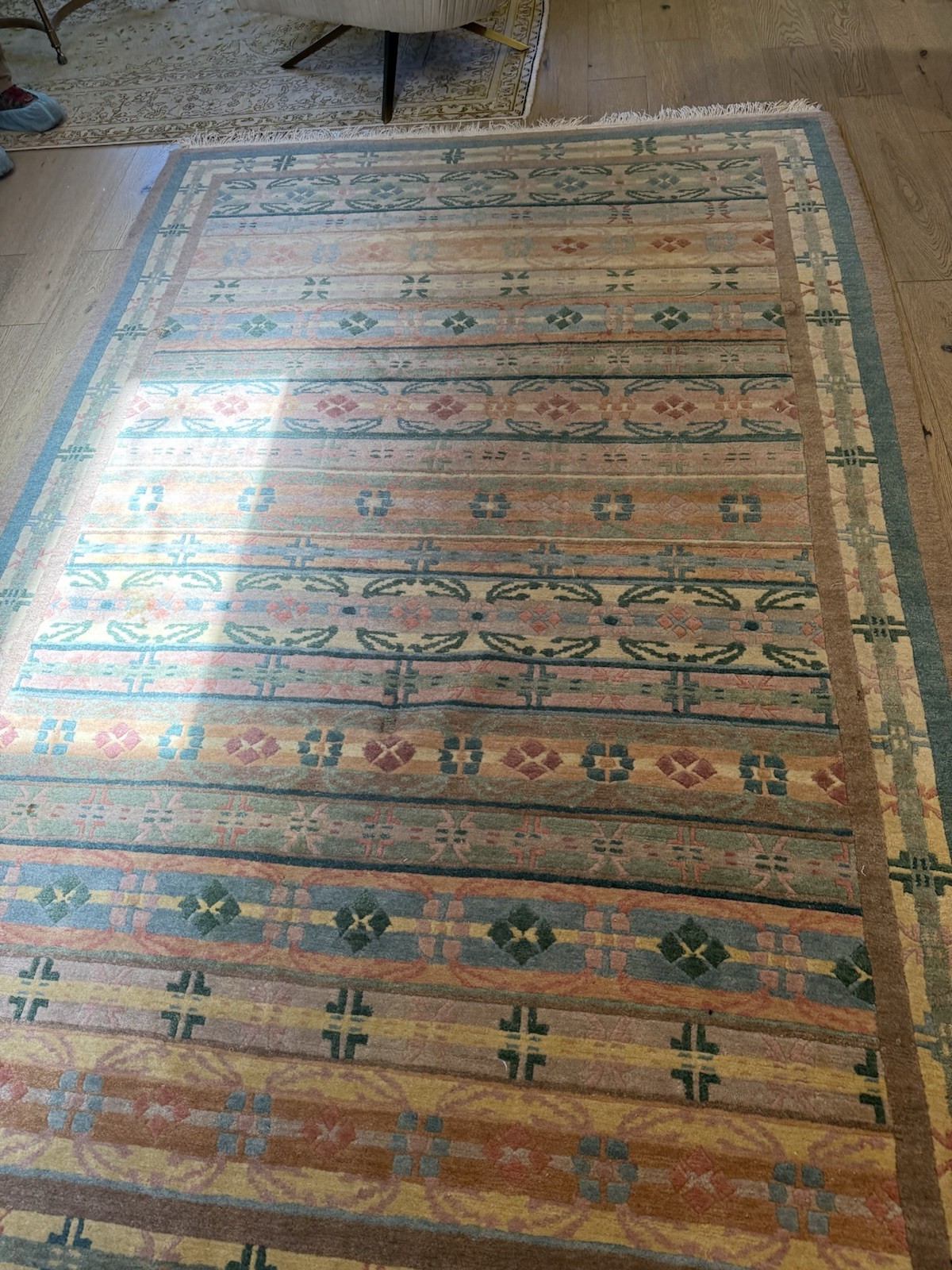 Vintage Nepal, 6’x9’ Tibetan Geometric Pattern, Hand Knotted Wool Rug Vintage Nepal, 6’x9’ Tibetan Geometric Pattern, Hand Knotted Wool Rug