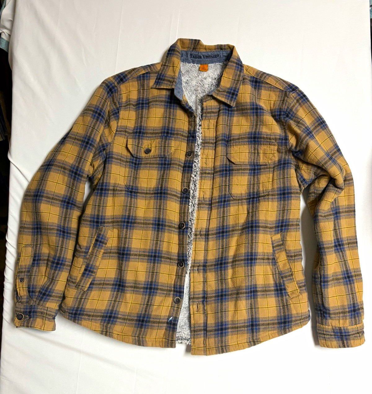 Tailor Vintage Men\'s L Plaid Sherpa Lined Button Shacket Jacket Brown Blue Tailor Vintage Men\'s L Plaid Sherpa Lined Button Shacket Jacket Brown Blue