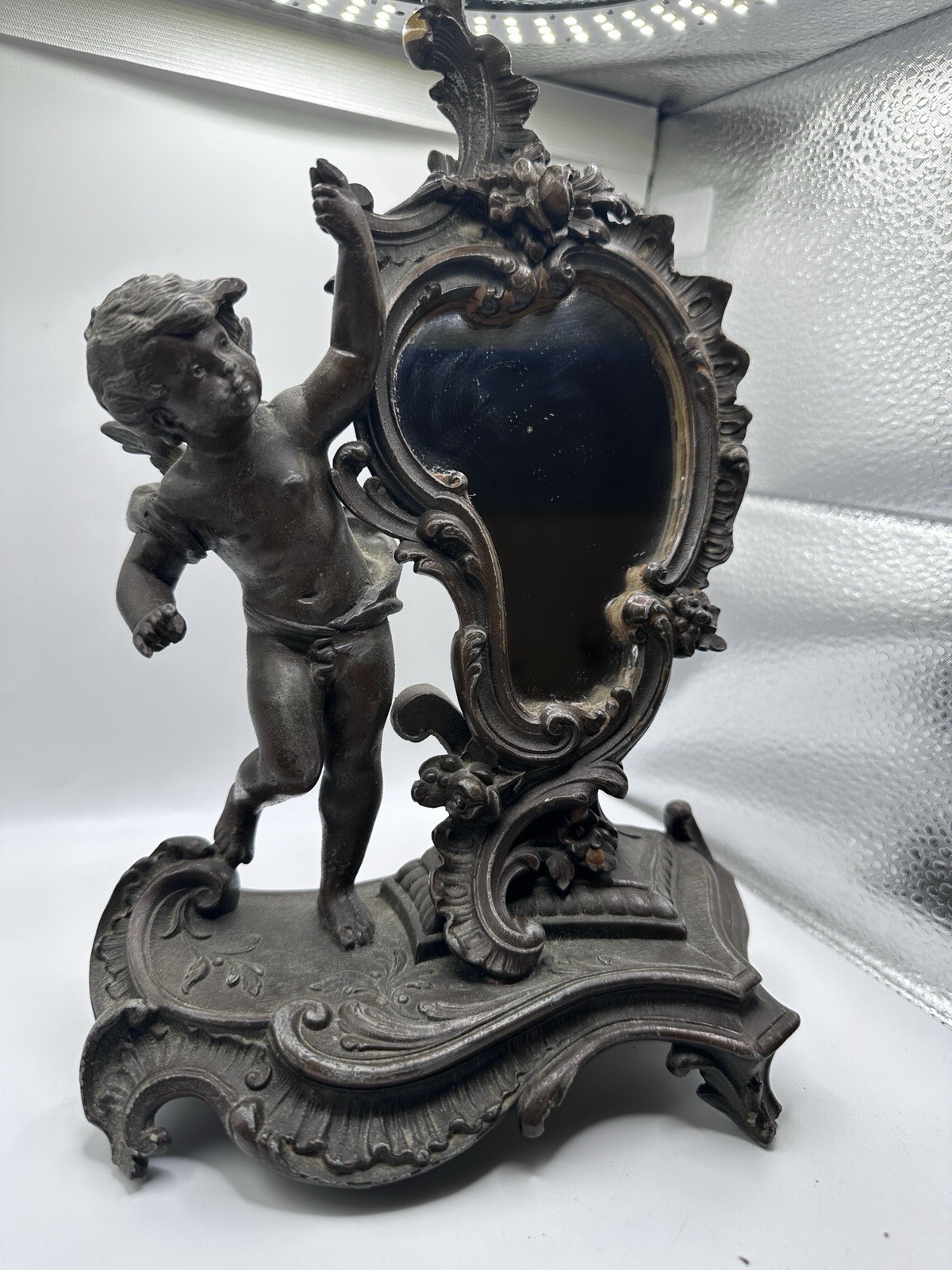 Vintage Heavy Cast Metal Cherub Putti Vanity Mirror Rococo Ornate Tabletop Decor