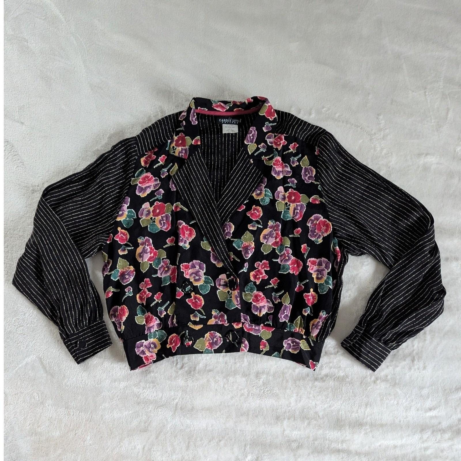 Vtg Carole Little Blouse Black Floral Pinstripe Mixed Print Button Up Sz 6