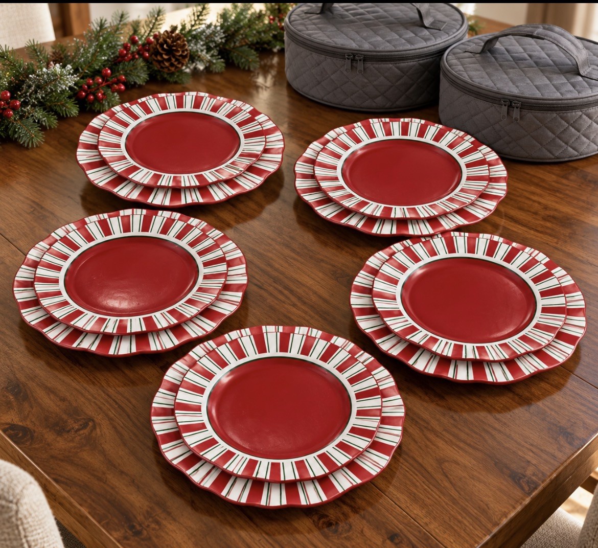 Pier 1 Candy Cane 10 Plates 11” Dinner & 8” Salad Christmas w/ Storage Cases