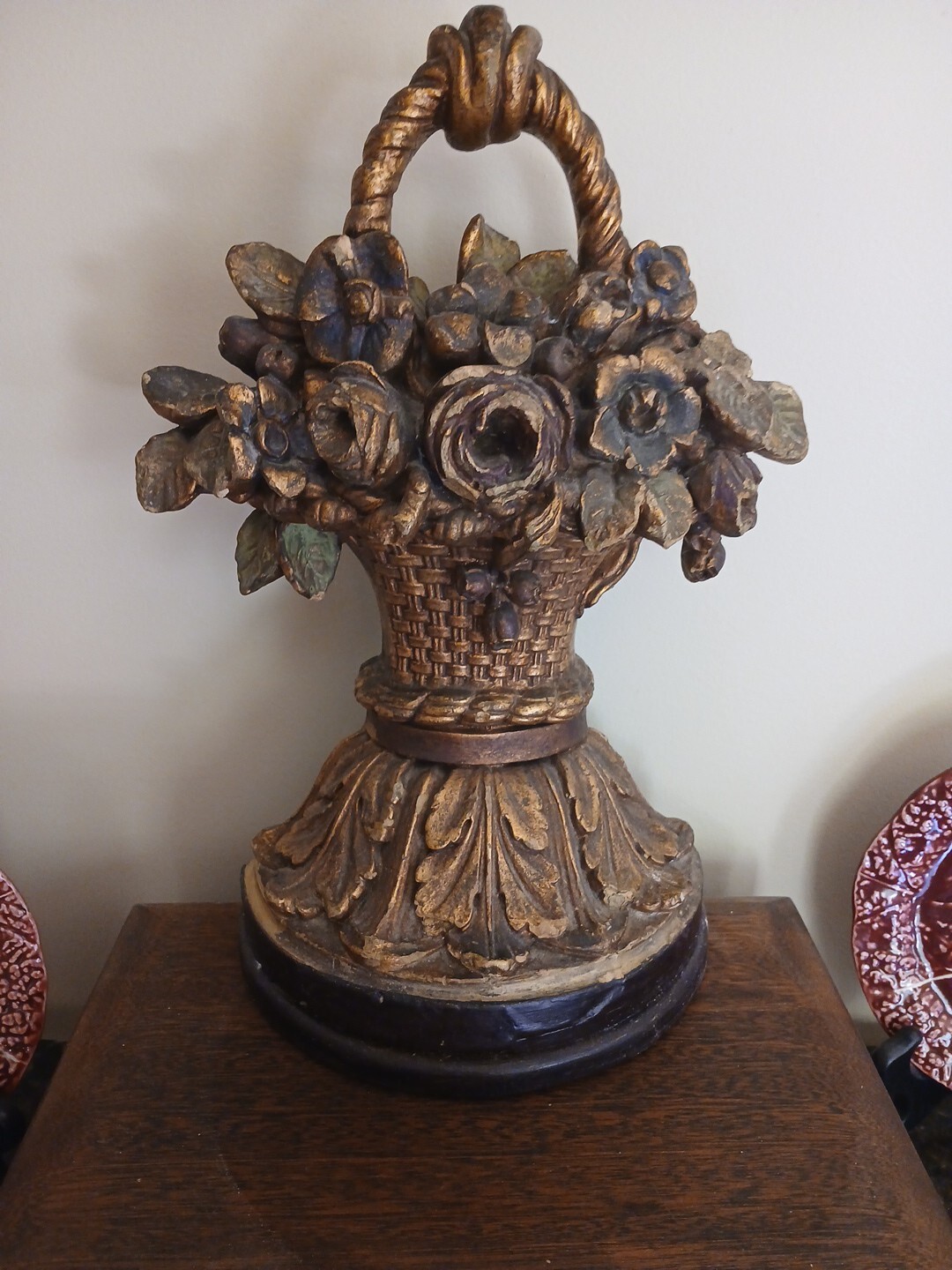 Antique Italian Florentine Carved Wood Floral Basket Doorstop Antique Italian Florentine Carved Wood Floral Basket Doorstop