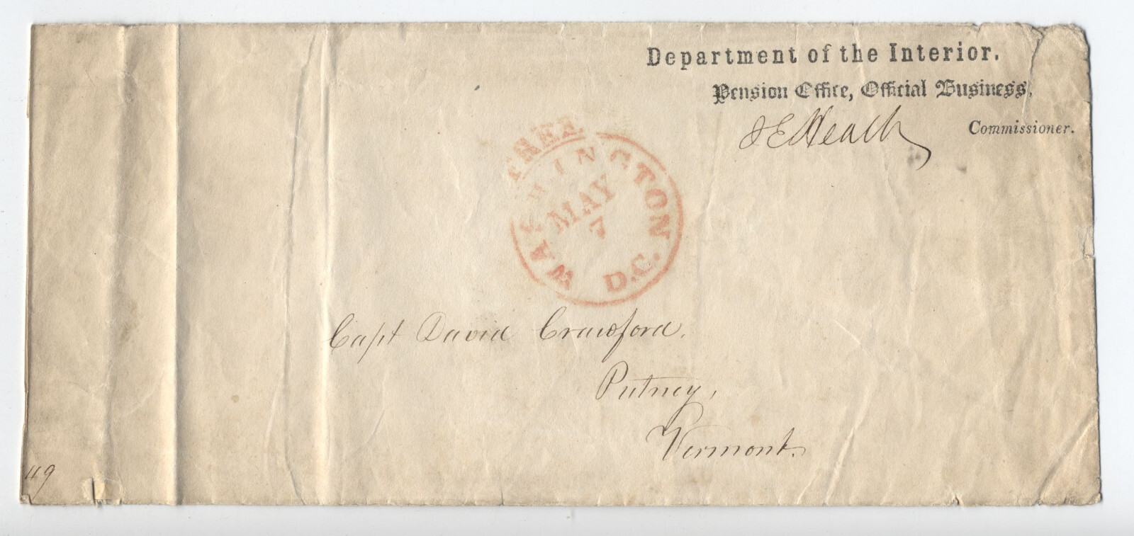 1850s pension office Washington DC stampless free frank J.E. Heath [ST.112]