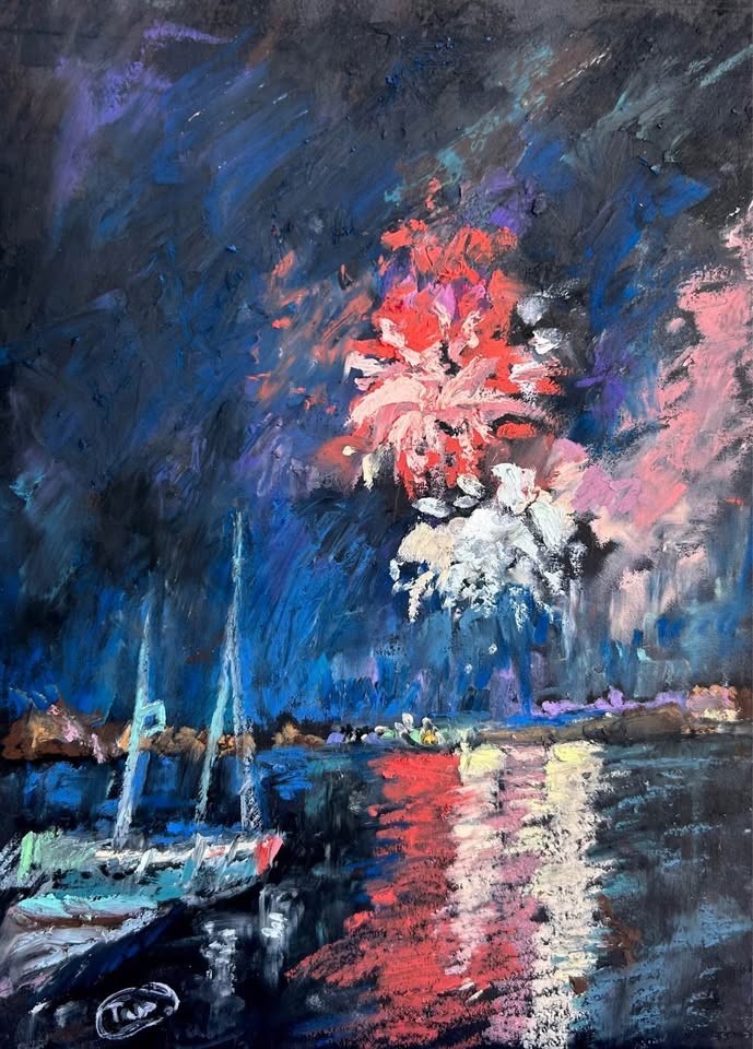 Original Oil Pastel Painting, Fireworks At Night Scene A4, Signed Wall Art