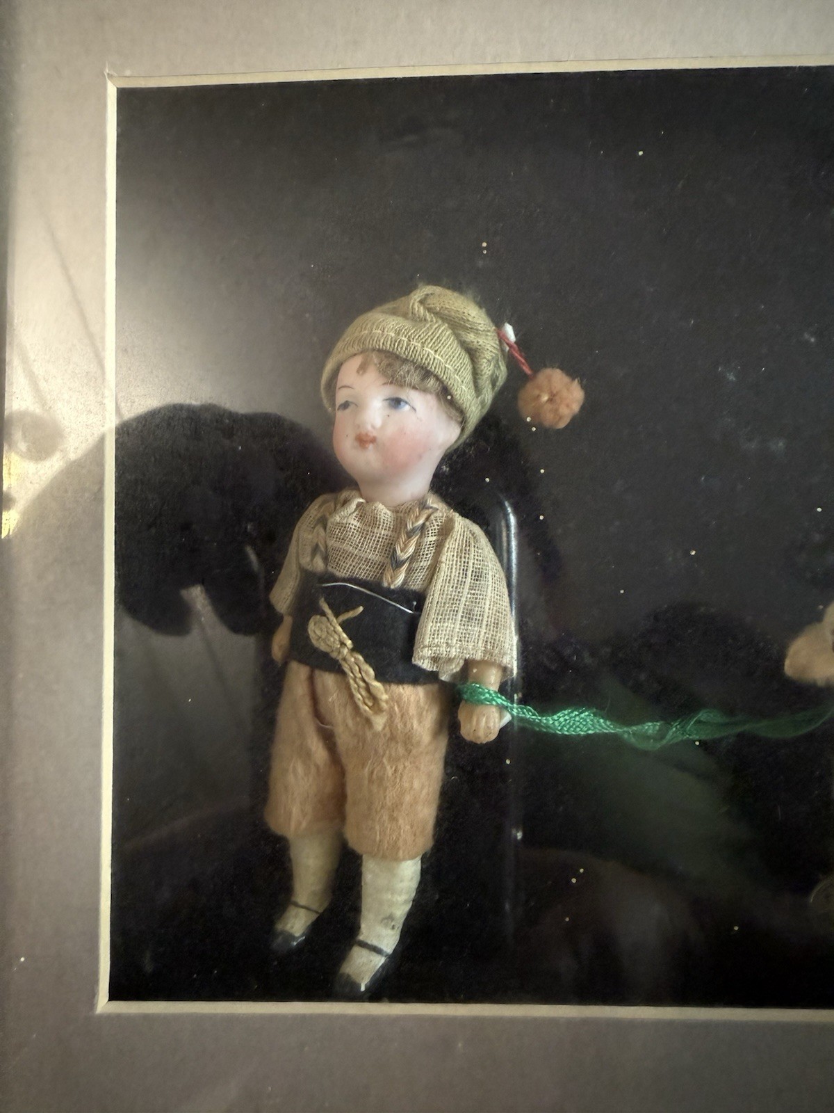 German Doll With A German Little Lamb On Wheels Framed Antique German Doll With A German Little Lamb On Wheels Framed Antique