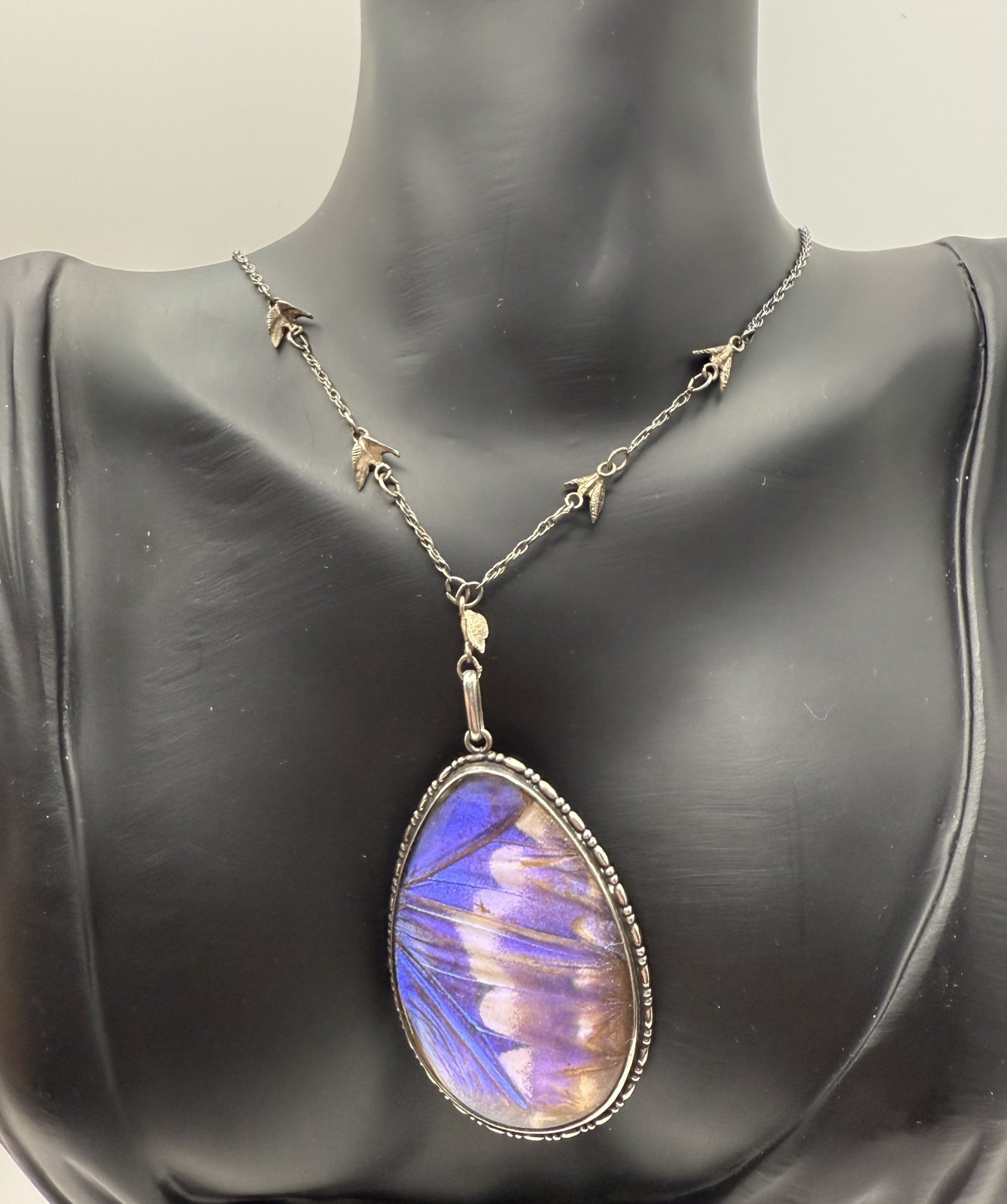 Large Art Deco 925 Sterling Silver morpho Butterfly Wing Pendant w/  Necklace 