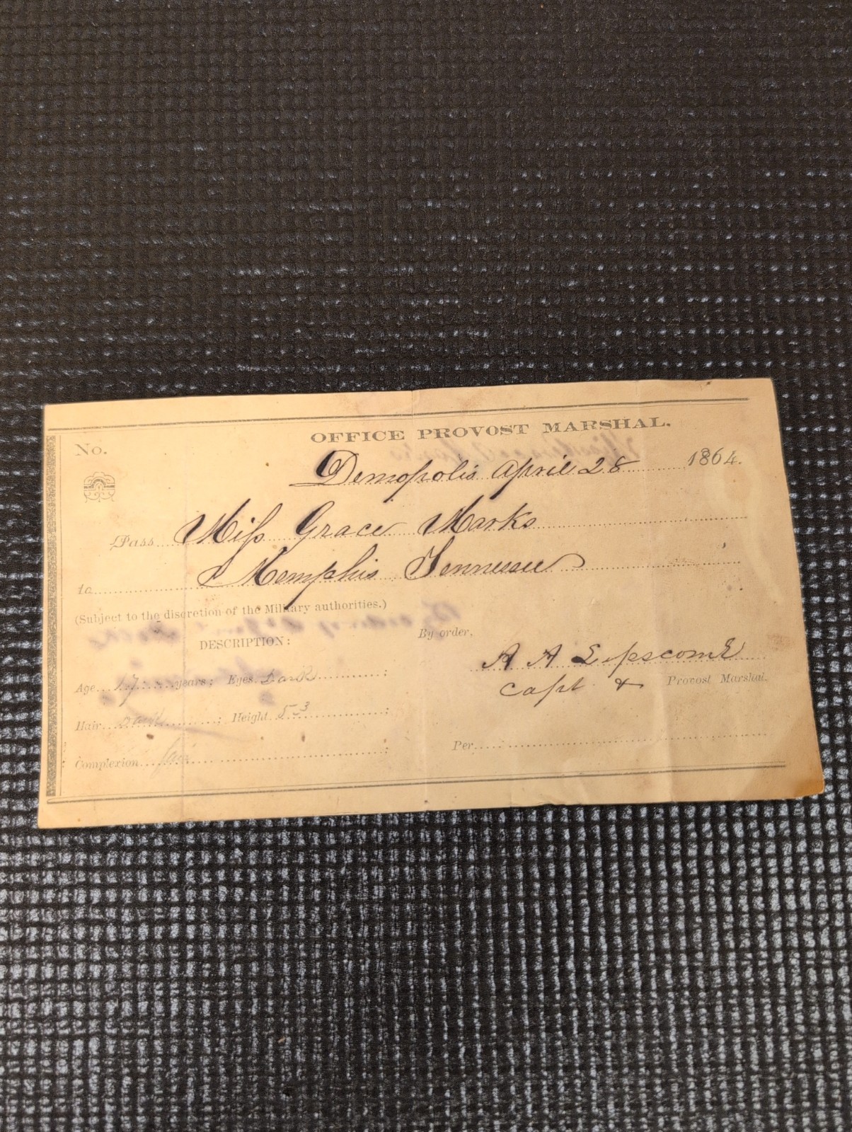Original 1864 Civil War Military Pass To Memphis Tennessee - Provost Marshal Original 1864 Civil War Military Pass To Memphis Tennessee - Provost Marshal