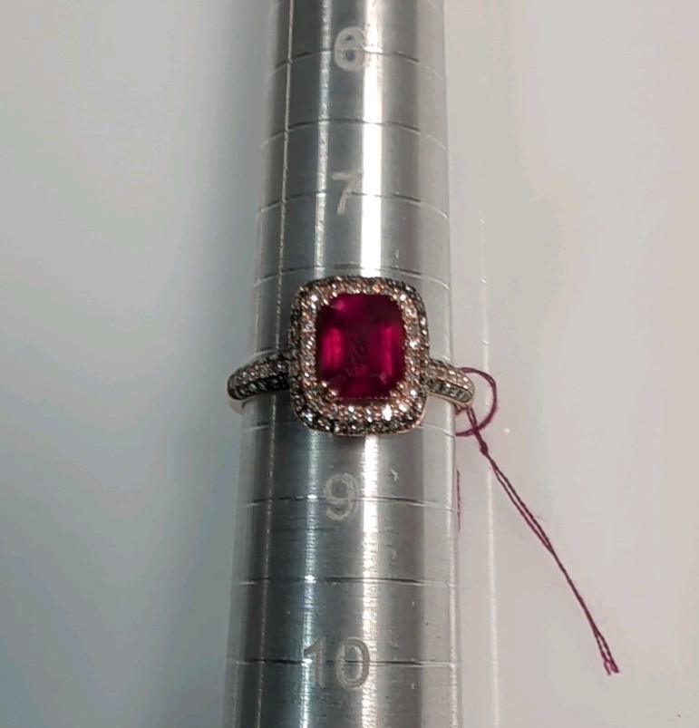 Effy 14K Yellow Gold Ruby & Diamond Halo Ring– Stunning Emerald Cut Center Stone