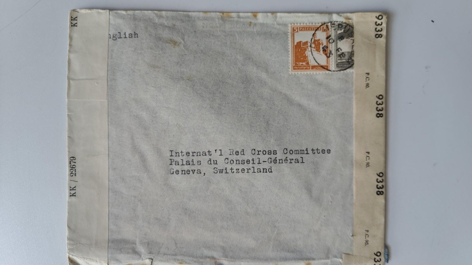 1943 Palestine Mandate Cover Vaad Leumi to Red Cross Geneva German OKW Censor