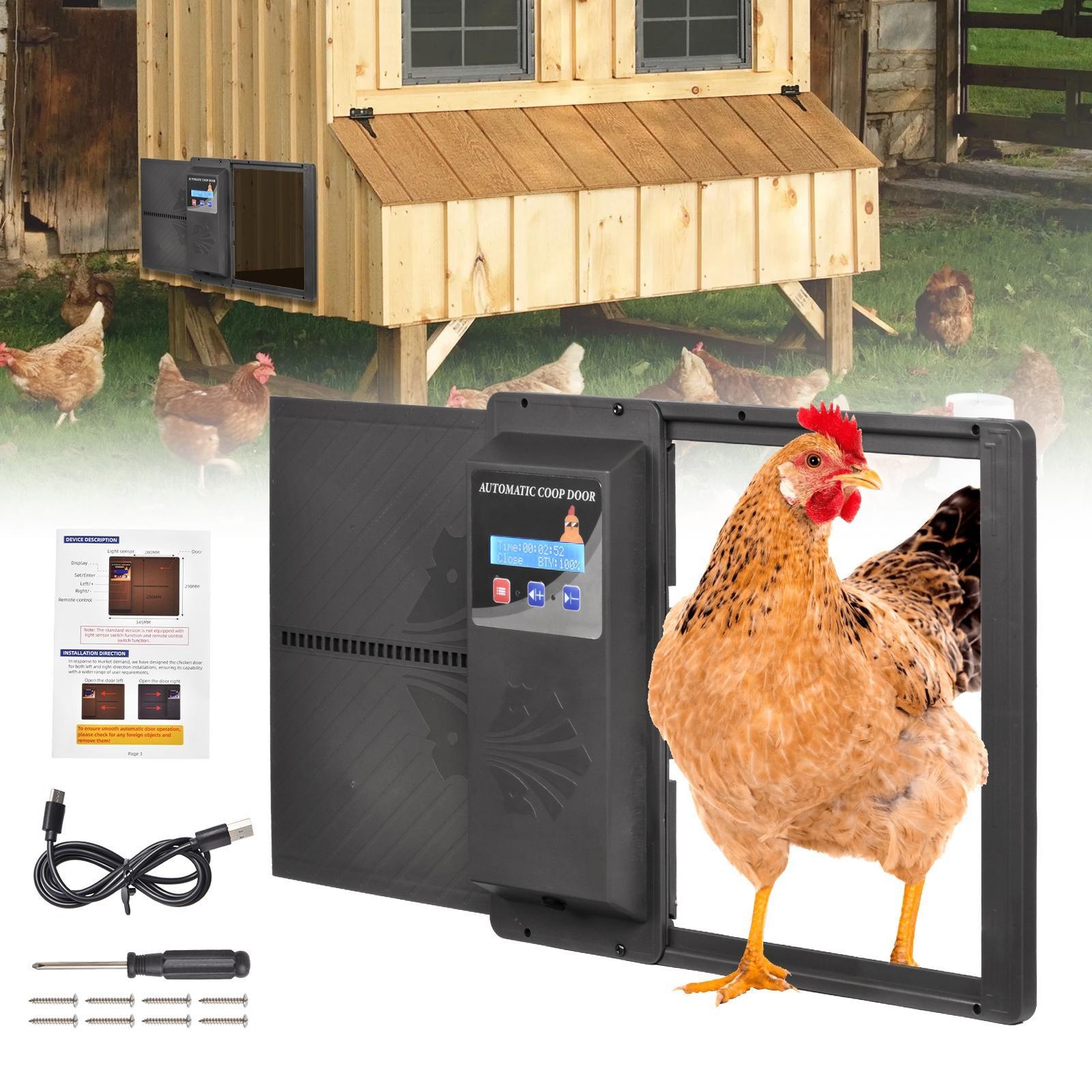 Automatic Chicken Coop Door Auto Chicken Door Opener Timer & LCD Screen New-