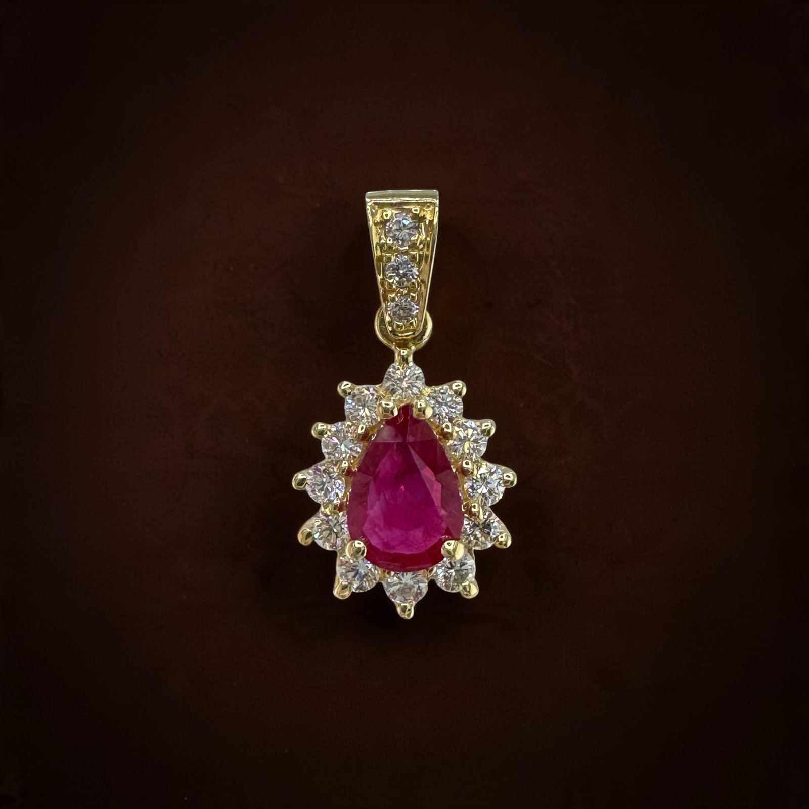 Vintage 14K Yellow Gold 0.80ct Lab Ruby 0.48ctw Diamond Halo Pendant 2.28g