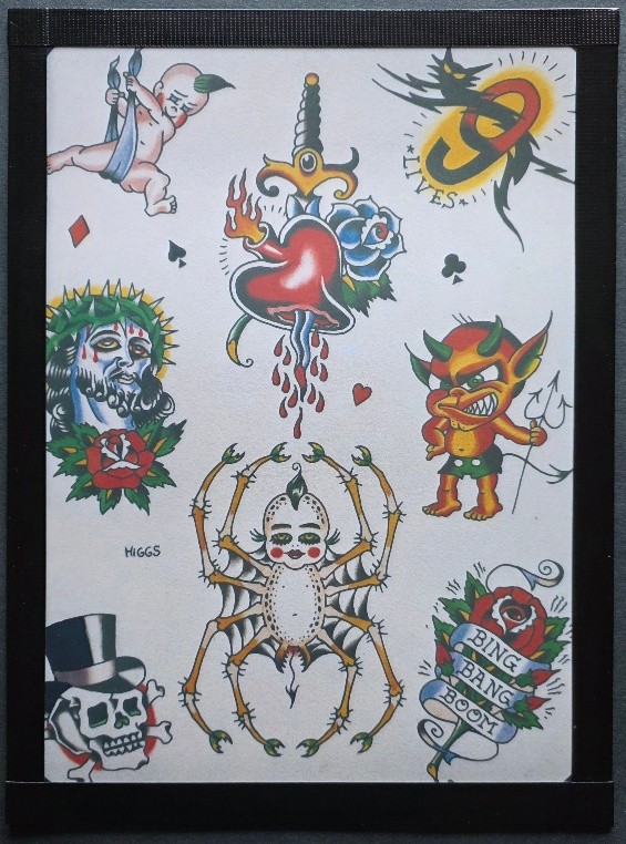 Rare Vintage Dan Higgs Tattoo Flash Production Sheet With Line Work Jesus, Devil