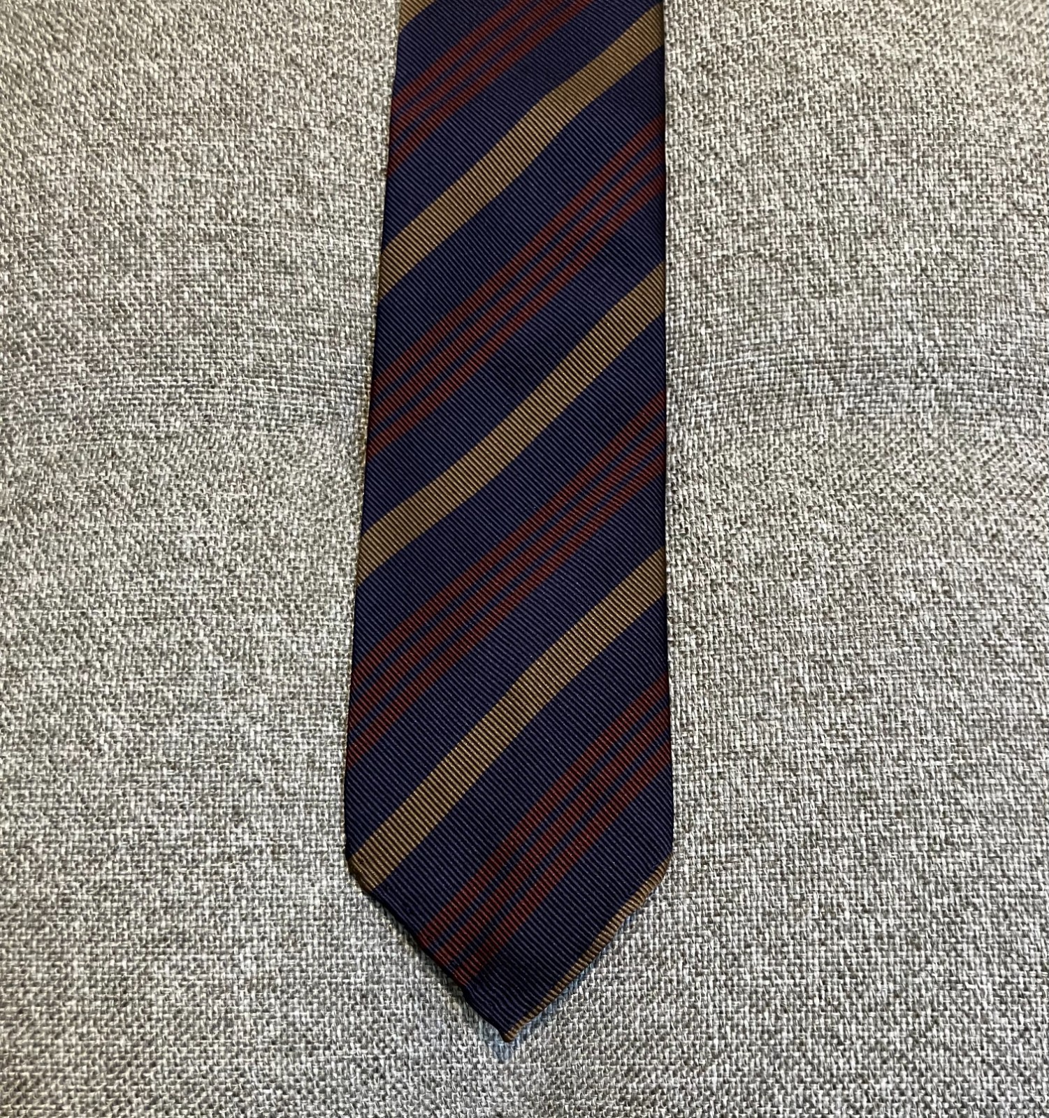 Drake\'s Tie - Navy Blue with Burgundy and Tan Stripe Drake\'s Tie - Navy Blue with Burgundy and Tan Stripe