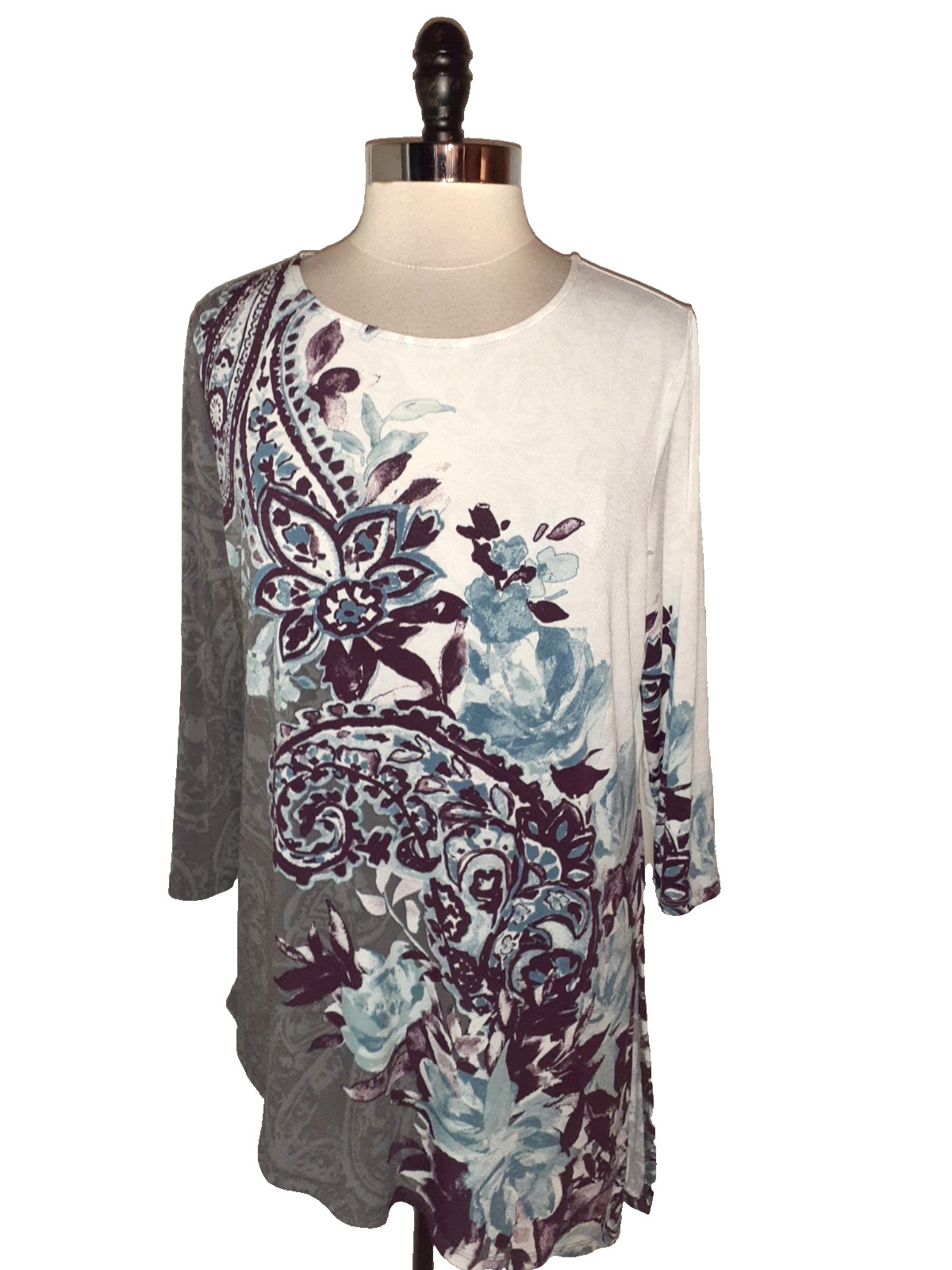 CHICO\'S EASYWEAR Size 2 12 14 L Shirt Top Ivory Teal Purple Paisley 3/4 Sleeve