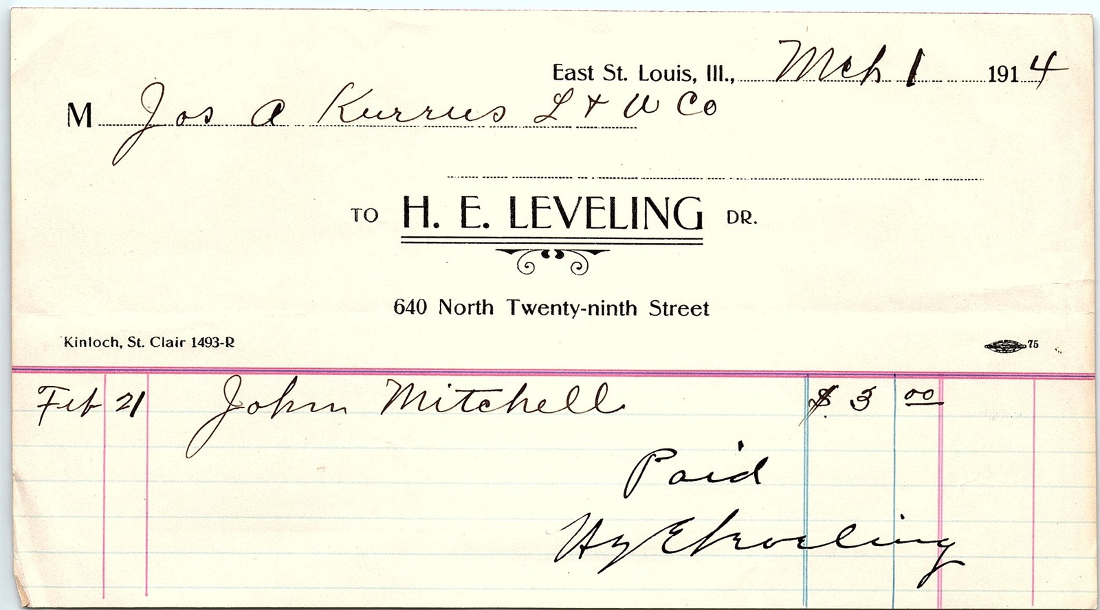 1914 H. E. Leveling East St. Louis IL Billhead Receipt 1914 H. E. Leveling East St. Louis IL Billhead Receipt