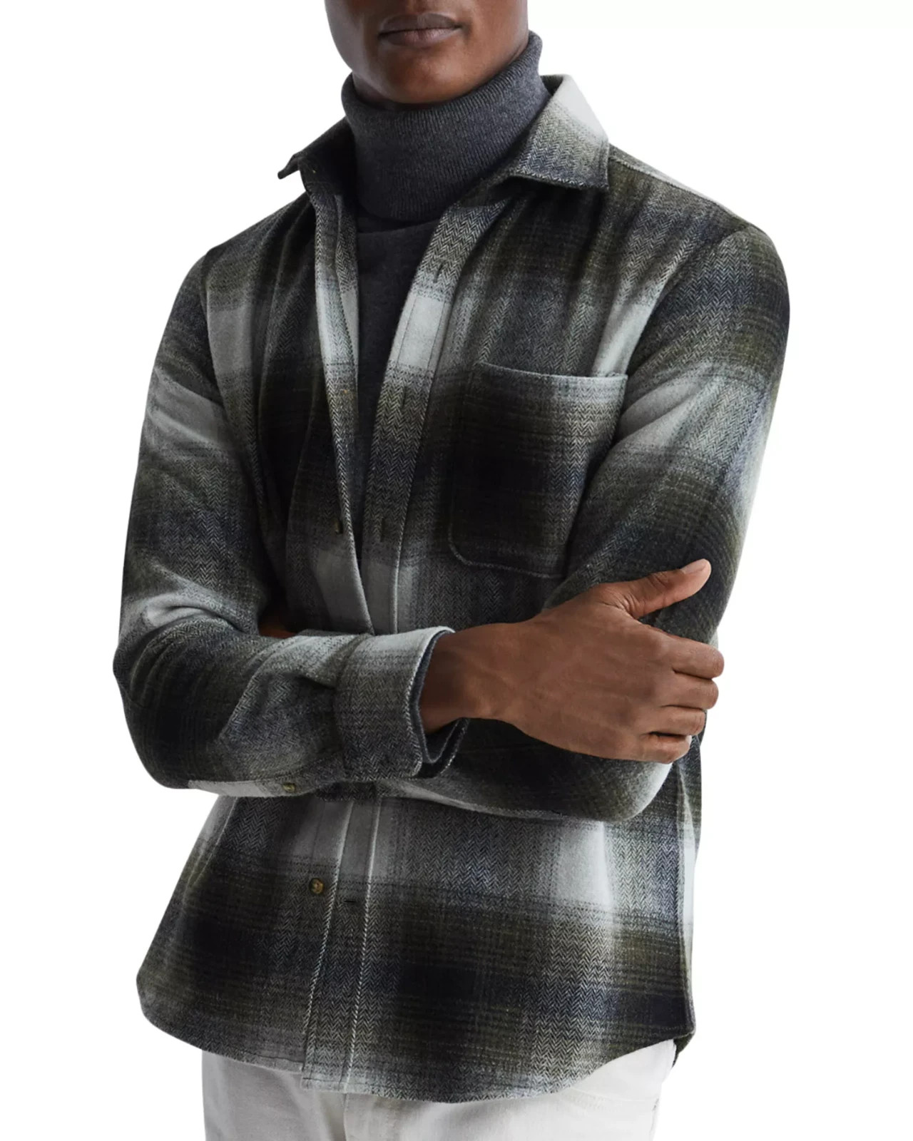REISS Jacket Mens Large Green Check Wool Blend Overshirt Plaid Shaket DAYTONA